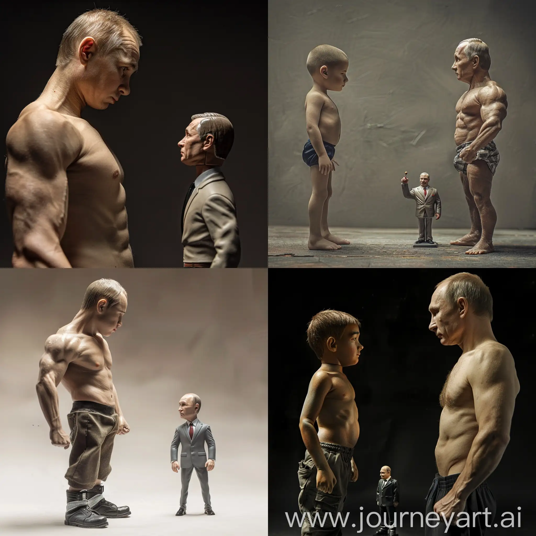 A 2 meter tall, muscular boy looks longingly at a small version of Vladimir Putin