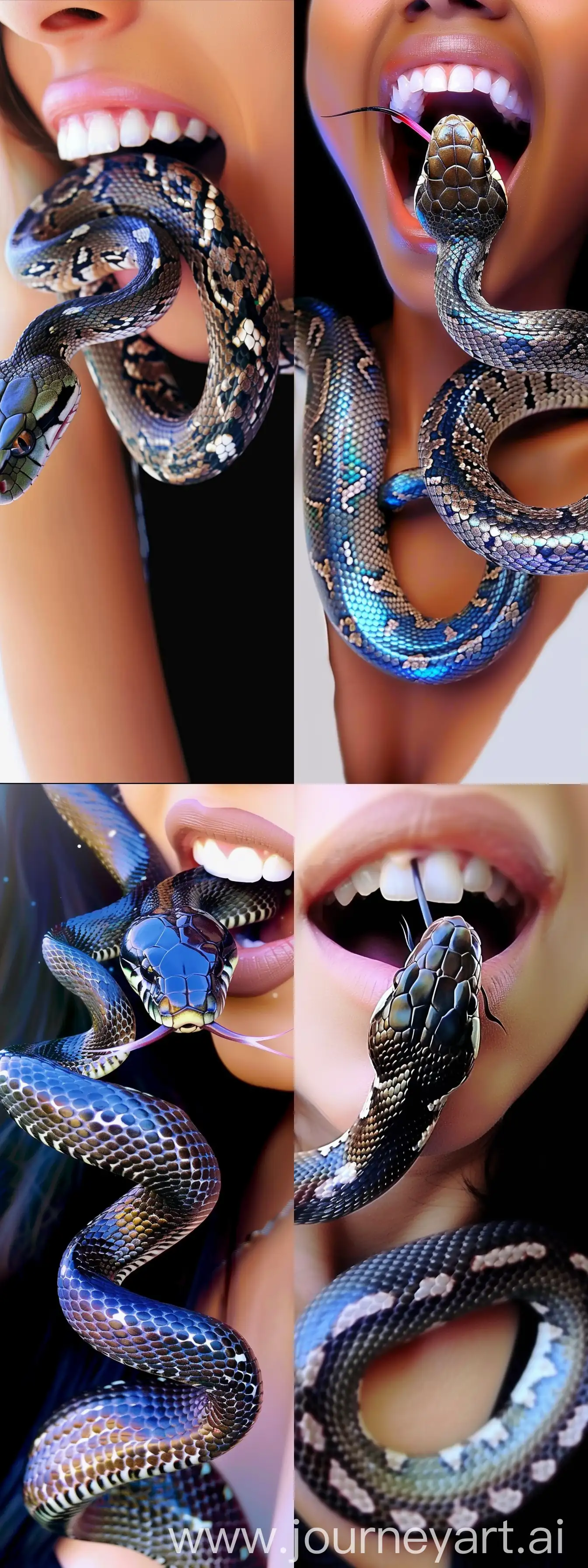 A portrait of a snake coming out of a woman's mouth, studio photo, white background --sref https://i.pinimg.com/originals/1c/46/8a/1c468ab47254128677bae852aed08dce.jpg --v 6 --style raw --ar 6:16
