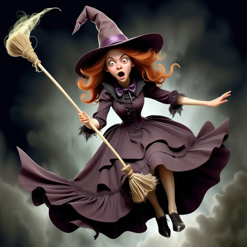 Generate a real photo of a funny and humorous young witch with an exceptionally mysterious and magical appearance. She should be pretty, wearing a meticulously adorned dress in dark, deep Victorian-era colors, with a high, pointed hat on her head. She is to be depicted riding a broomstick mid-flight. The entire photo should have a white backgro