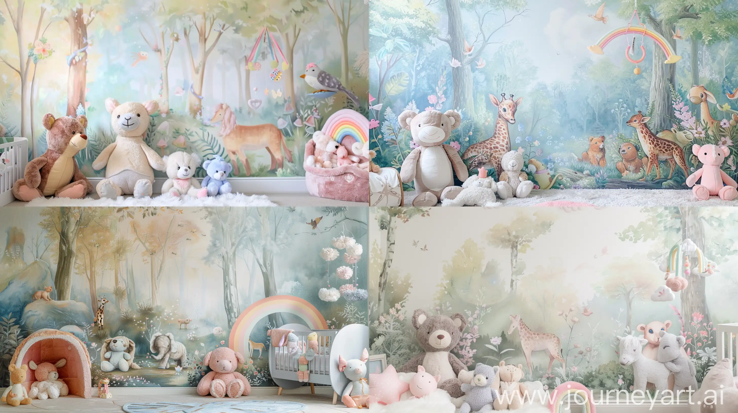Whimsical Wonderland: Nursery Room with Hand-Painted Mural of Enchanted Forest, Oversized Plush Animals, and Pastel Rainbow Mobile. --ar 16:9