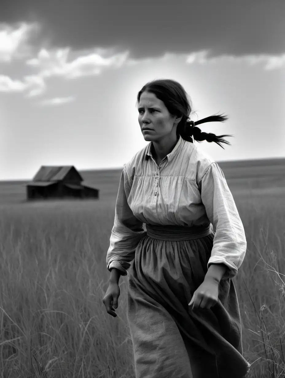 In black and white. a settler woman runs through America's heartland. She looks out over the prairie. This will be her new home. We see her from slightly below. she looks different.