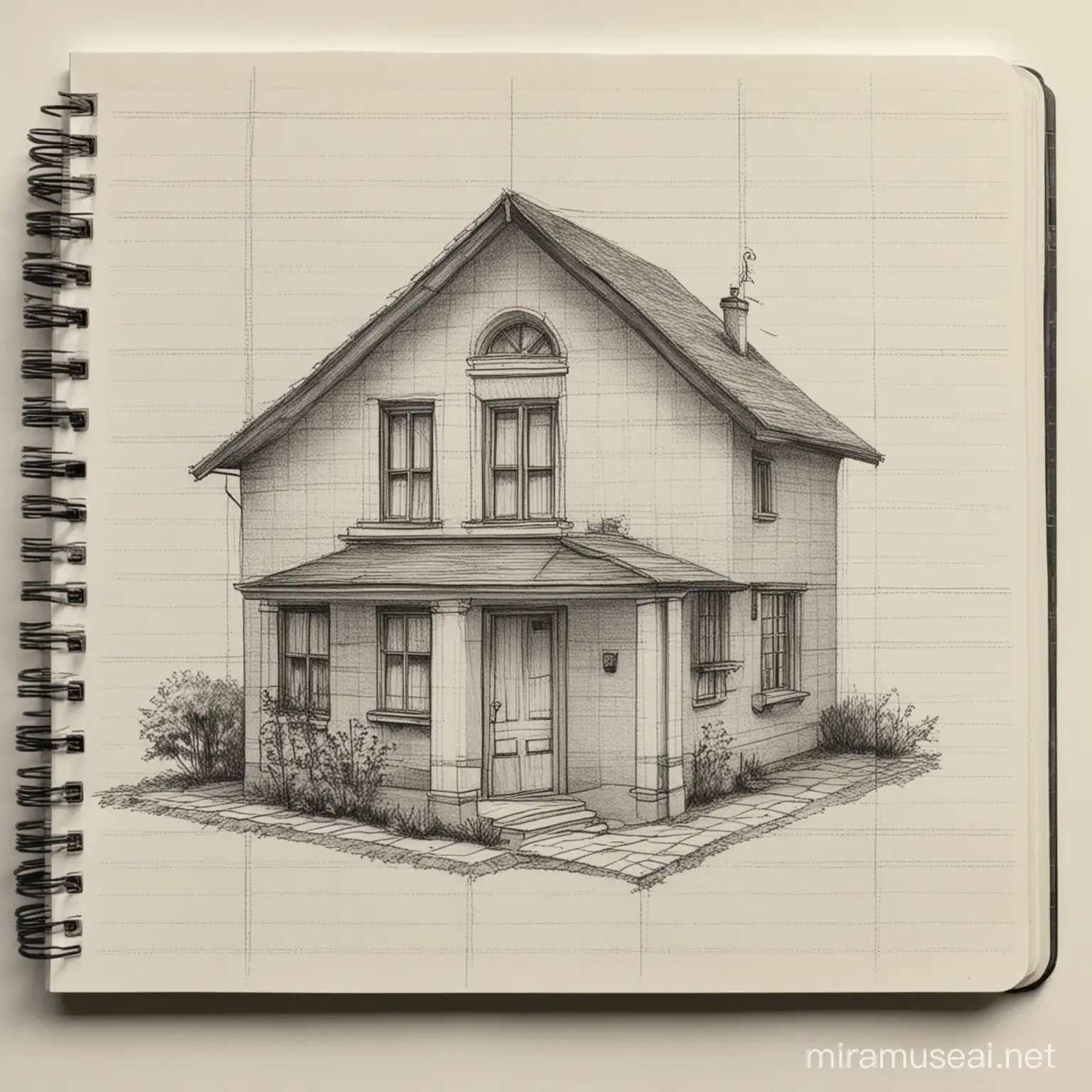 Grid Notebook Sketch of a Quaint House