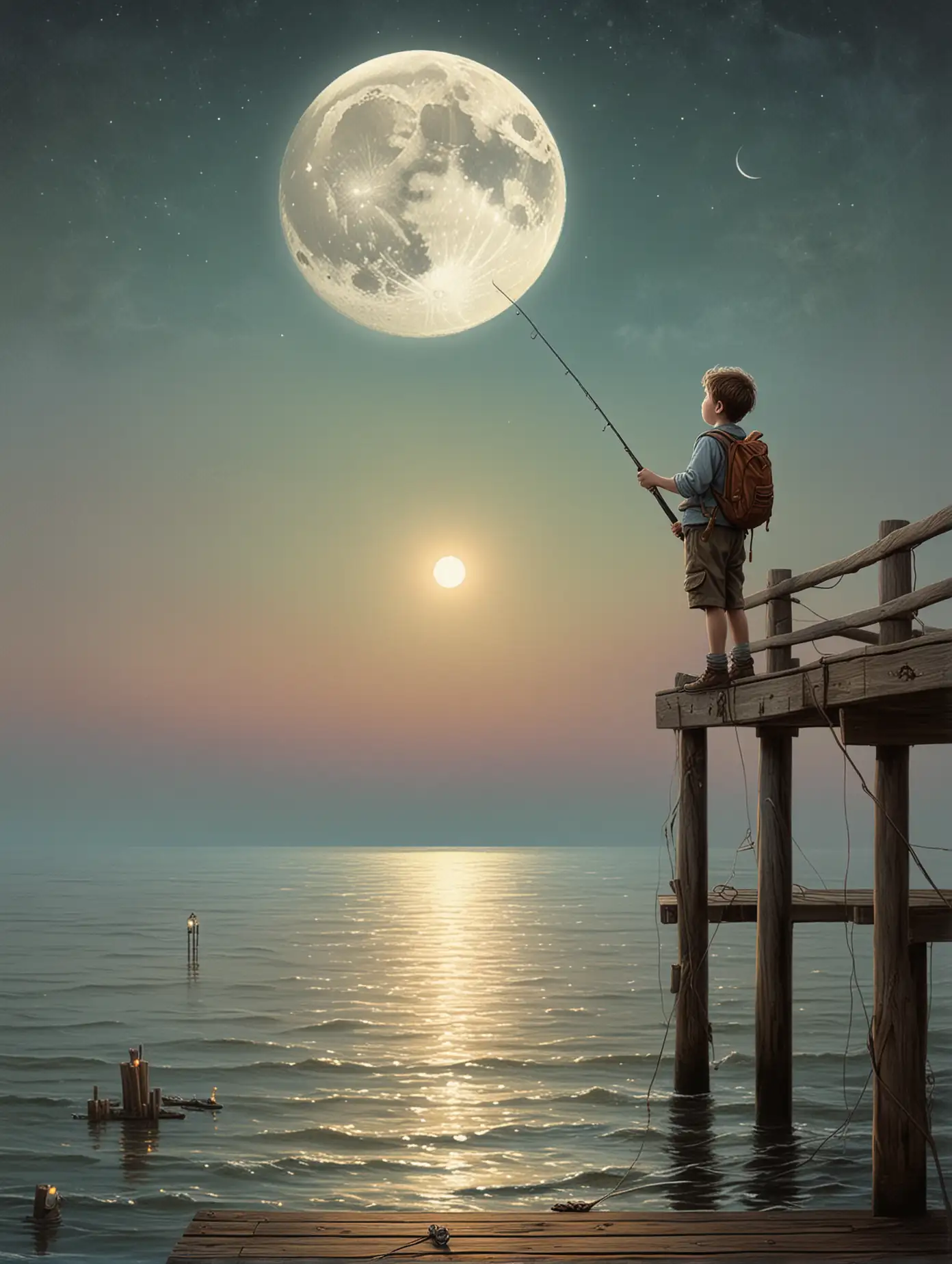 little boy standing on a pier, holding a fishing rod, looking up at the moon, pastel colors, vintage, kerem beyit, by Daniel Merriam, esao andrews, ornate, by Kerembeyit, inspired by Daniel Merriam, by Jan Kip, daniel merriam, highly detailed digital artwork, antique, vintage, dusty, and rugged illustration, poster composition