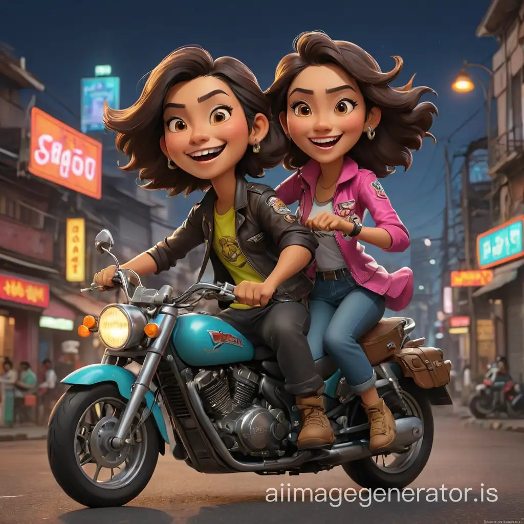 3d caricature indonesian couple is riding a motorcycle.. The background shows a cityscape. enlarge head, detailed, Three is big neon text box on background "OTW PALEMBANG". Excited, happy atmosphere.