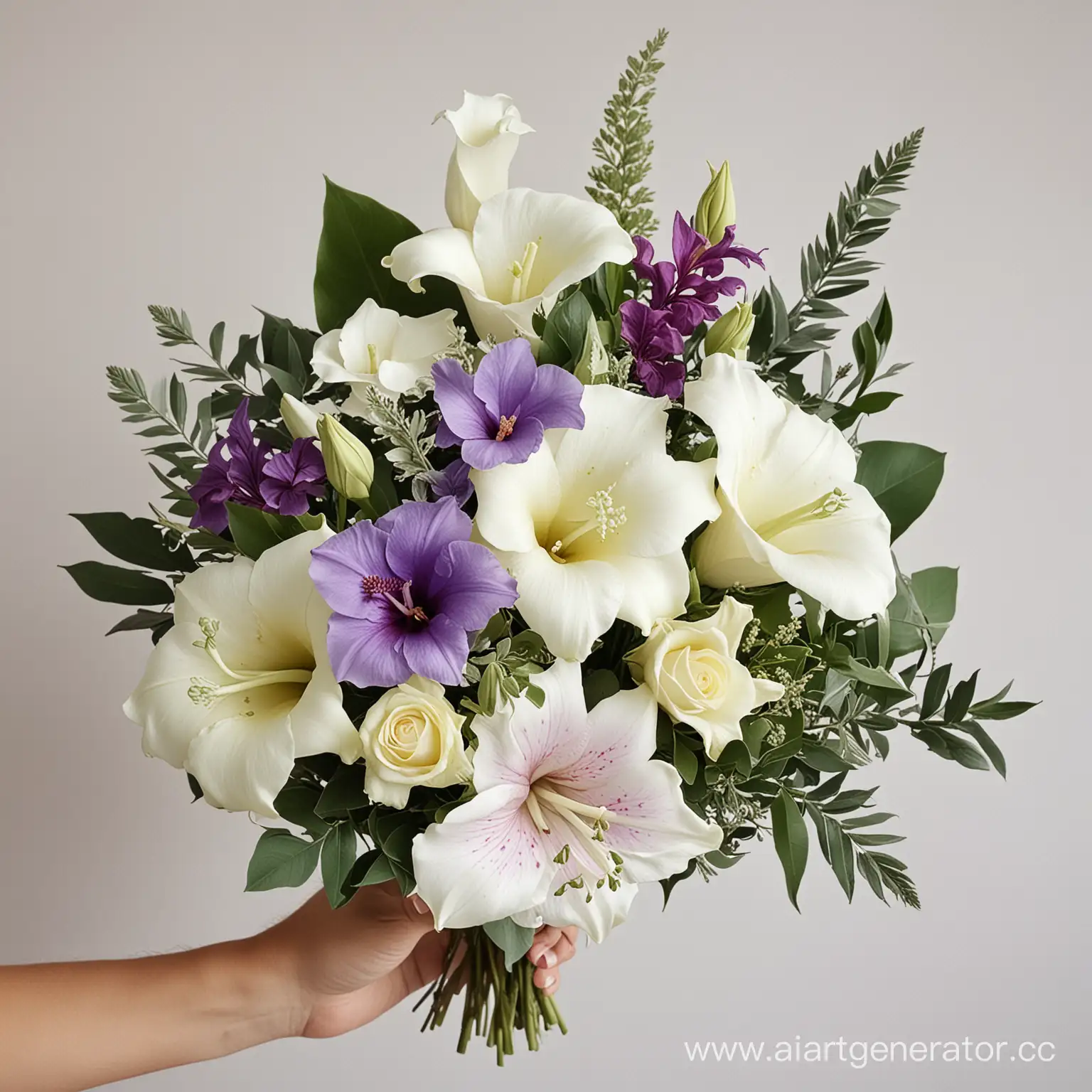 Elegant-Bouquet-Arrangement-White-Rose-Sage-Calla-Lily-Hibiscus-Violet-Lilac