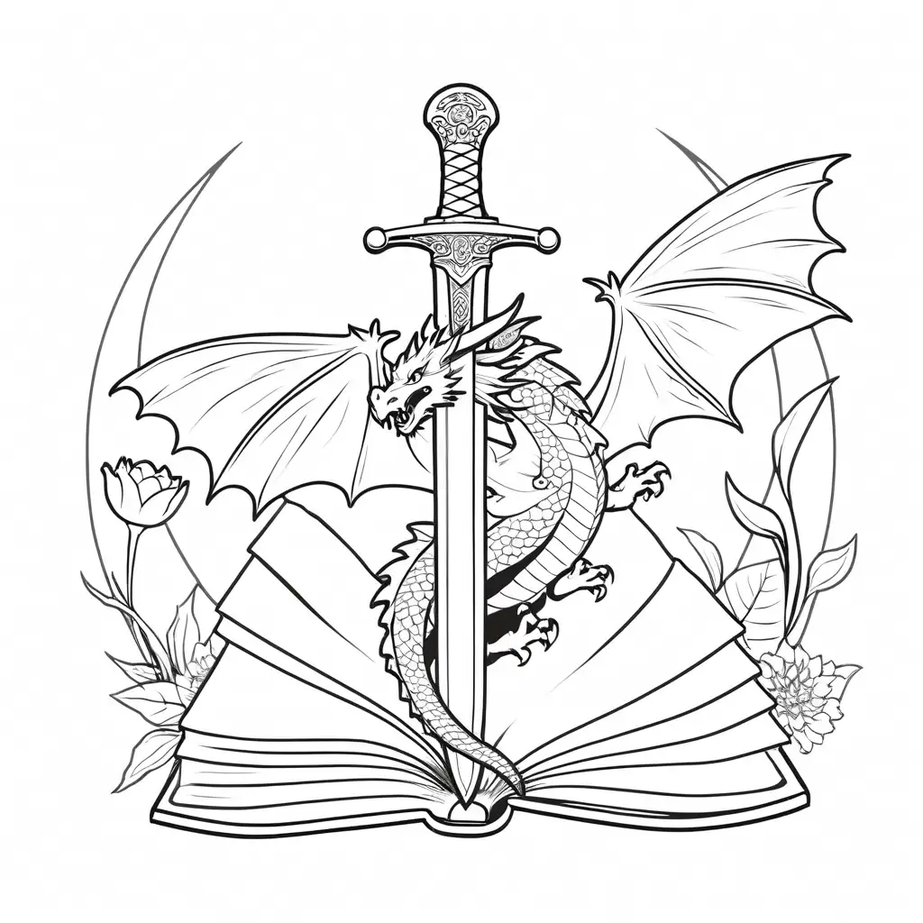 drawing  of a dragon wrapping around a sword, crashing down into an open book, surrounded by flowers, black and white