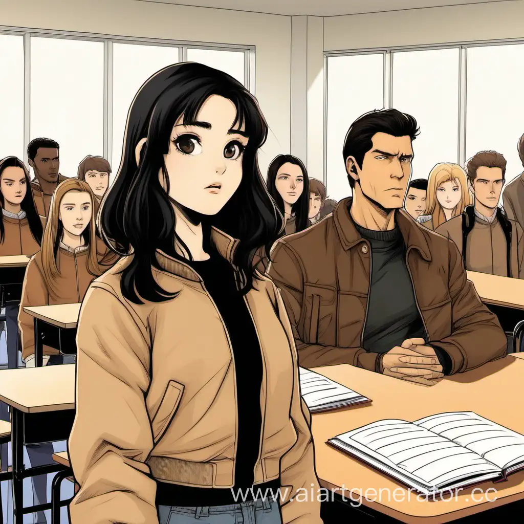 Темноволосая девушка в черной водолазки стоит в классе где много людей. Видит темноволосого высокого парня в бежевом бомбере