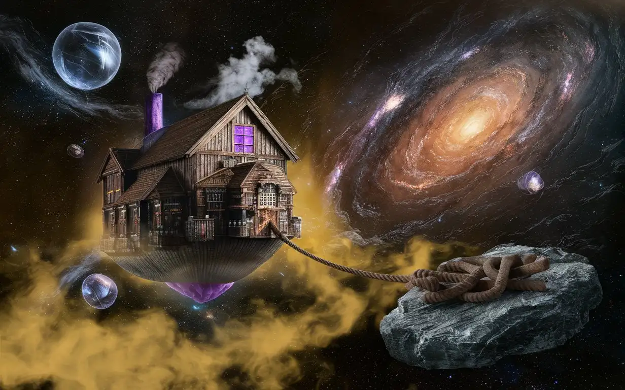 A big lavish tavern floating in space, connected via a rope to a slab of stone. Wooden exterior, purple window. Chimney and smoke.  A golden mist permeates the whole image. Galaxies and giant spheres made of crystal in the background. Stars, supernovas.