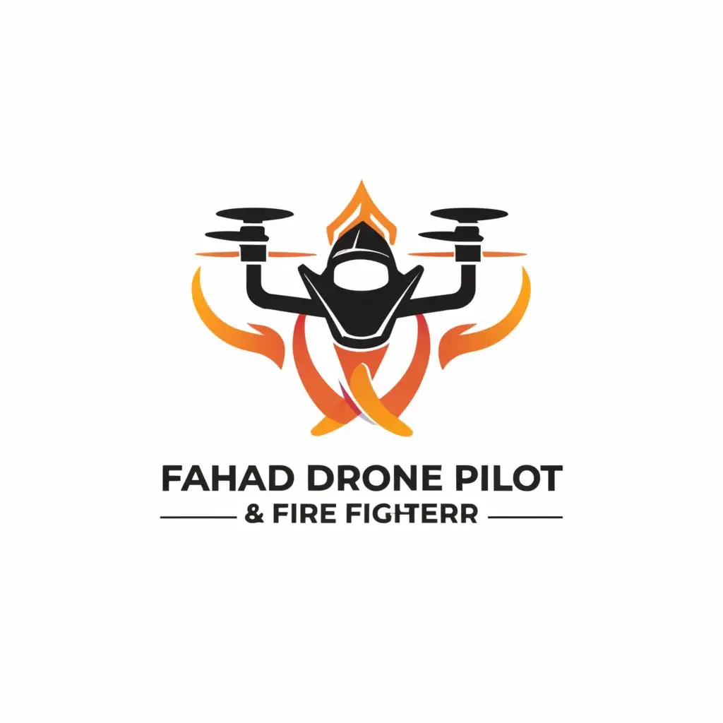 a logo design,with the text "Fahad Drone Pilot, Fire Fighter", main symbol:Drone, Pulaski, helicopter, fire fighter,Minimalistic,clear background