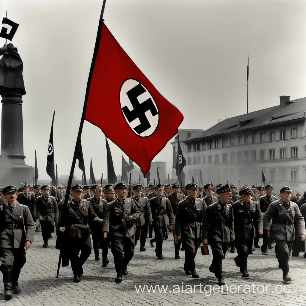 Красное знамя с белым кругом и чёрной свастикой и марширующая колонна нацистов

