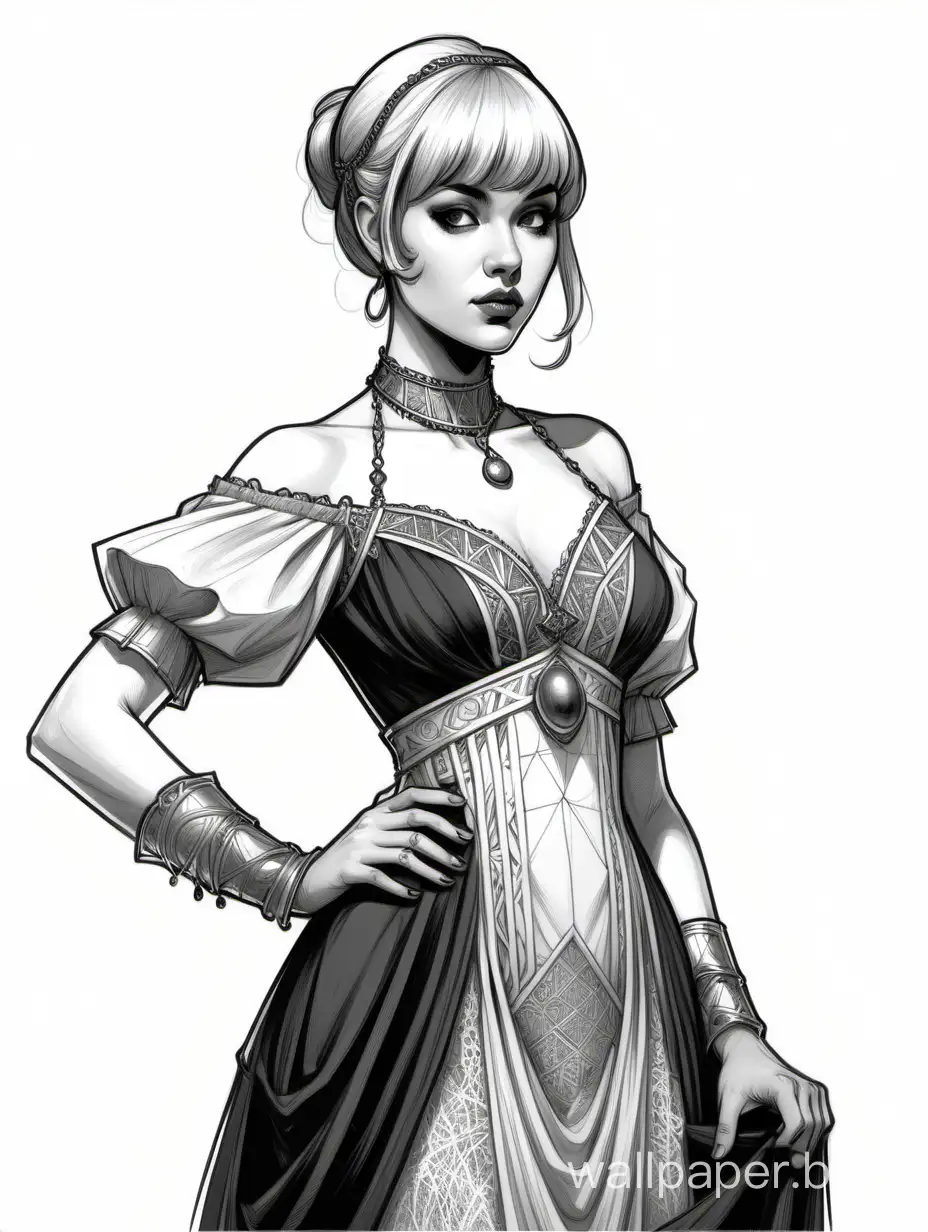Young Kiira Korpi, short light hair with bangs, 4-size bust, narrow waist, wide hips, priestess of Mars, D&D character, ball short dress with deep neckline, lace and metallic inserts, black and white sketch, 3/4 length, white background, Victorian style.