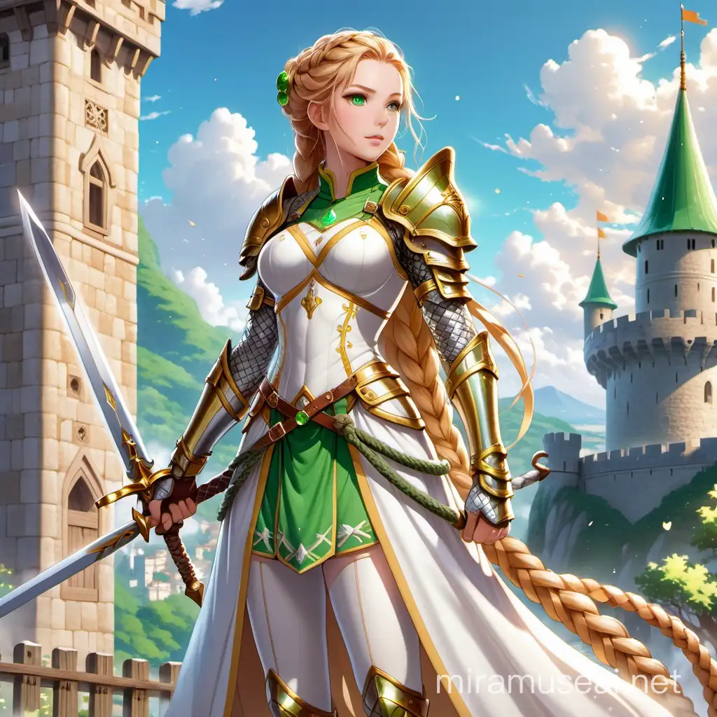 full body, rich in details, ultra quality, A beautiful woman with green eyes, long yellow braided hair, wearing full white armor, using a shining white sword, wearing a silver tiara with a green jewel in the center, in front of a white stone fortress with a wooden gate, guarded by an archer at the top of the tower, anime