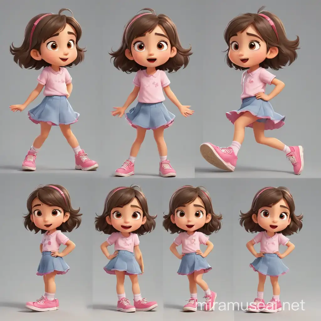 children book style, little girl, 9 years old, pink shoes, multiple posses, multiple expression, no outline