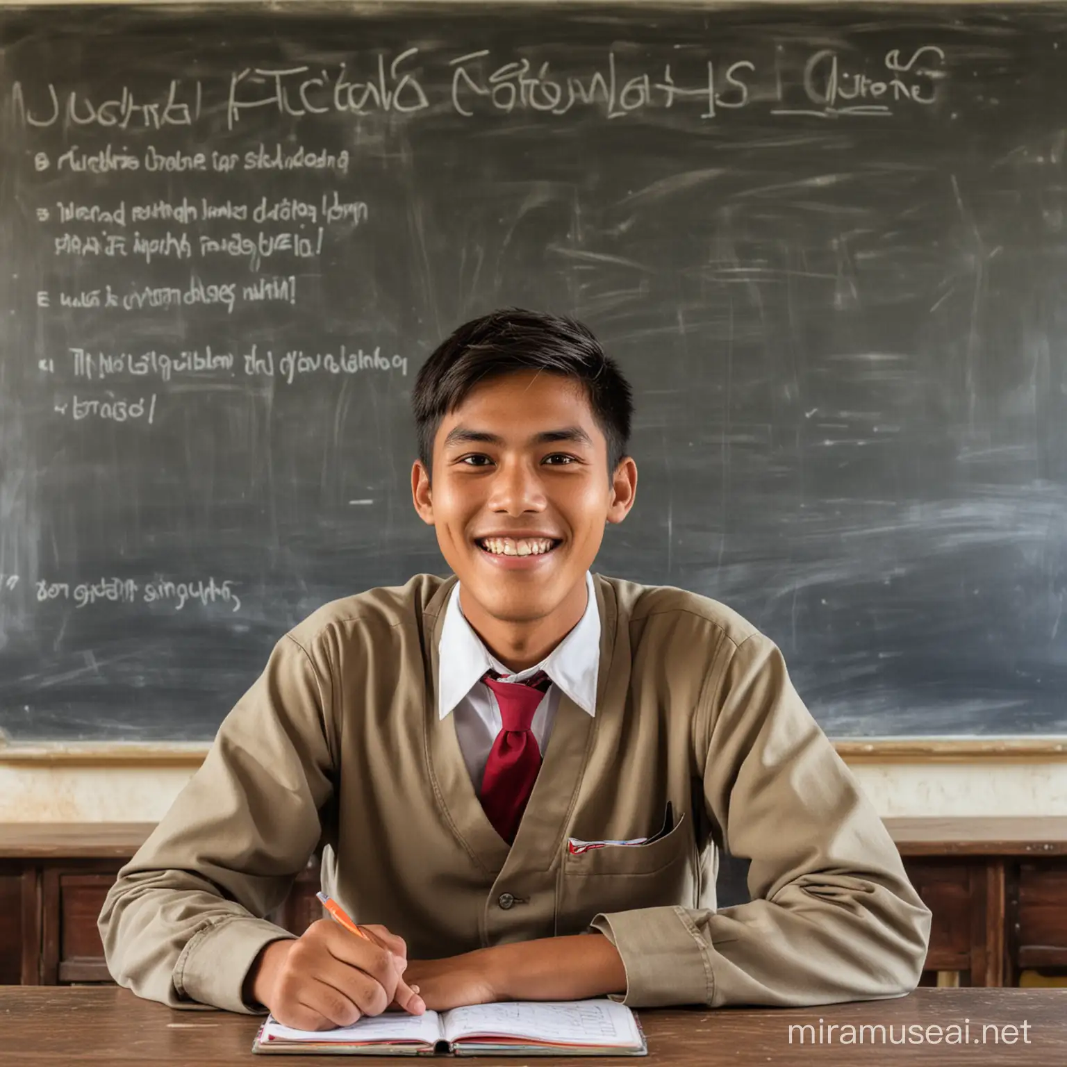 Myanmar high school male student In a high school uniform from Myanmar, sitting at a study table in a classroom. Sitting with a silly smile, showing off his teeth and dimples to the camera. On the back is a picture of a blackboard in a classroom in the country.