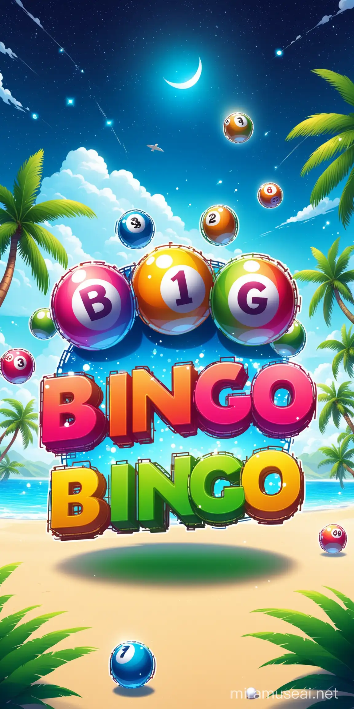 Bingo game logo with 3d 'BINGO' text title balls flying minimalistic spread illustration in the environment, beach with palm trees and grass on edges with blue cloud sky night background cartoonist images