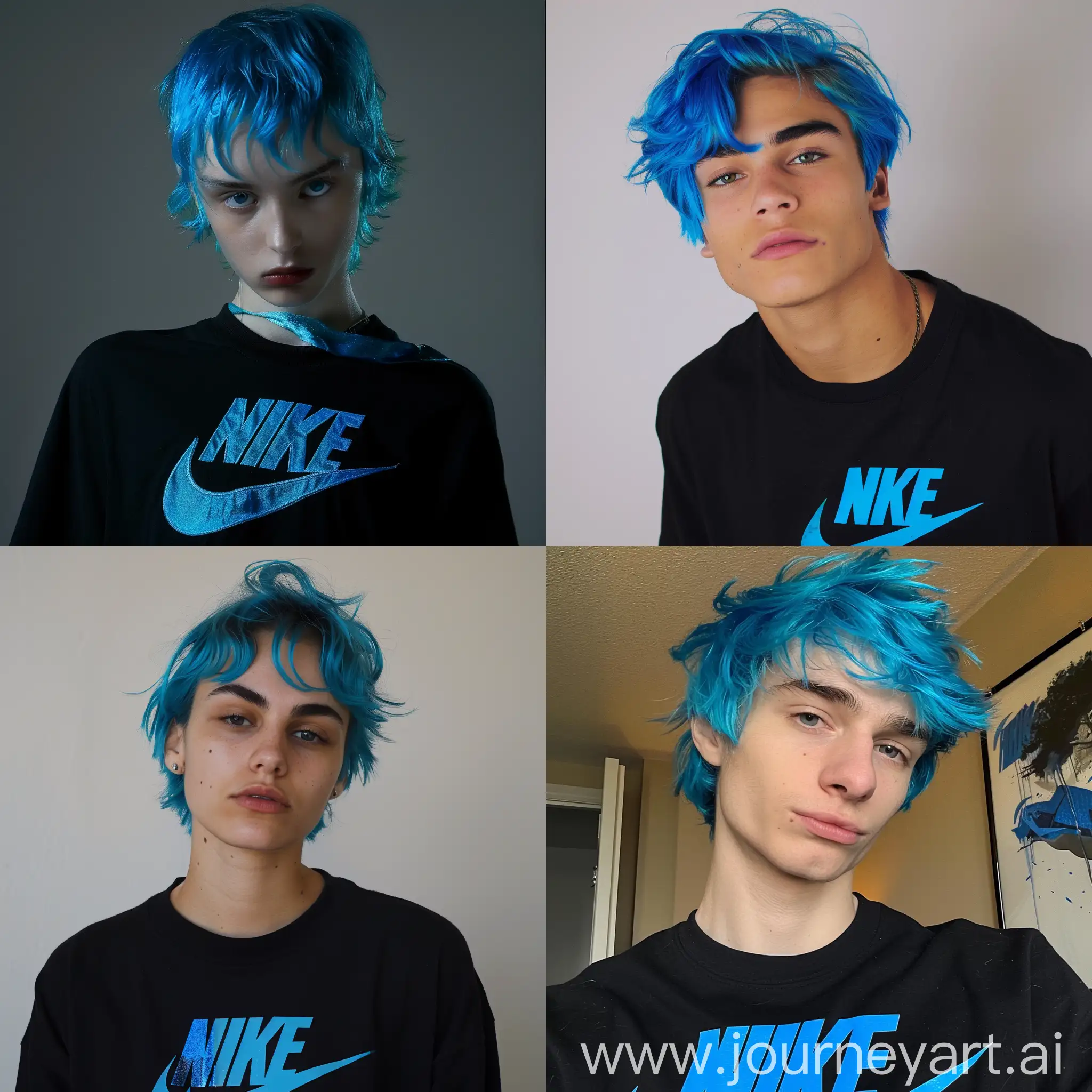 Human with Blue Hair and Black shirt there is a blue looks like Nike Logo but without nike text