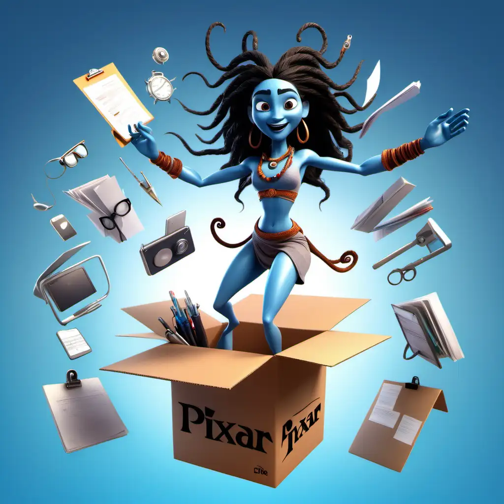 pixar character shiva with several multitasking arms with different business tools, jumping out of the box, creative, energetic, fierceful  on a sunny background 