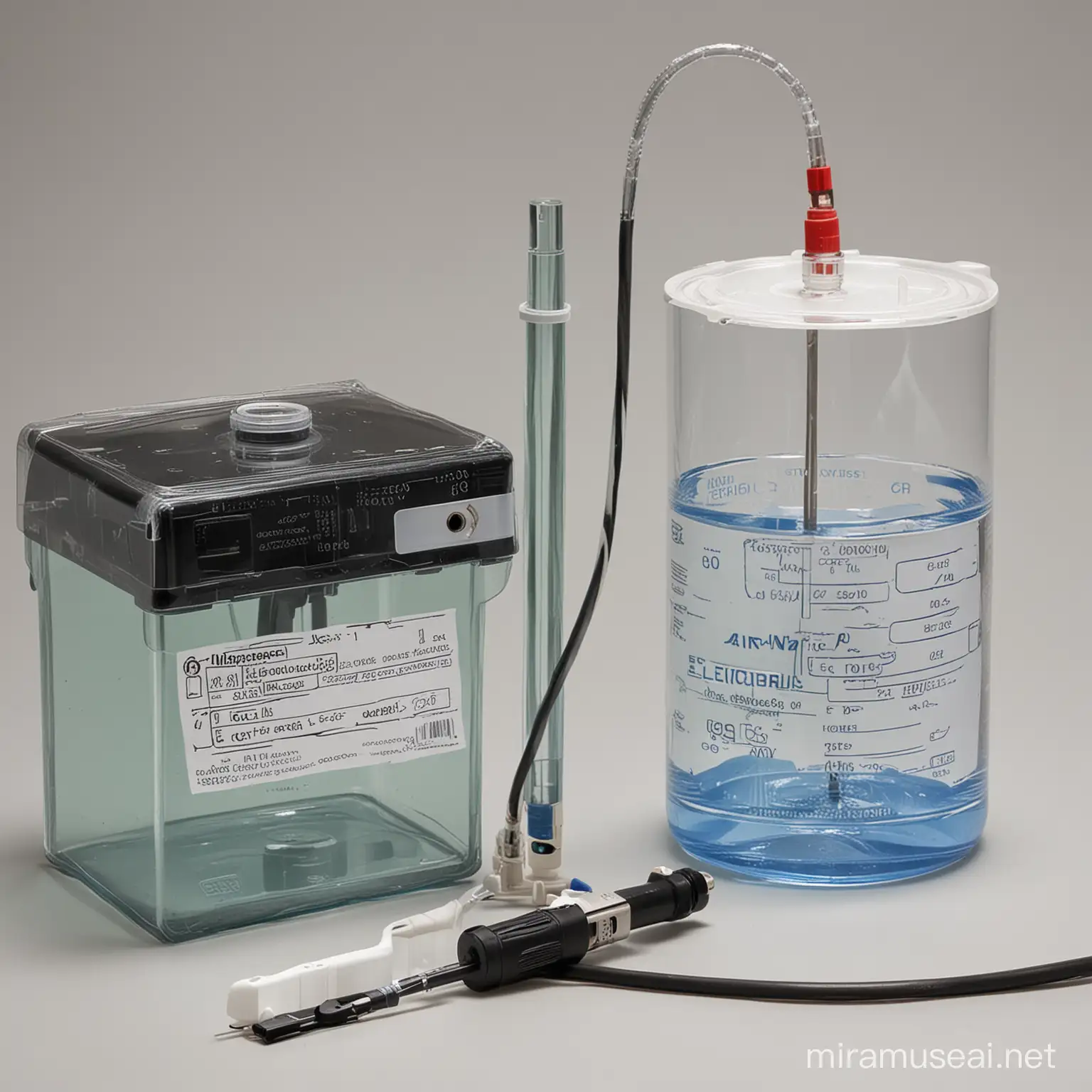 experimental setup : At the center of the setup is a transparent electrolysis cell, 



 This cell contains two electrodes: one anode made of Cassava Peel-Derived Carbon (CPC) and one cathode coated with nickel

. The electrodes are connected to an electrical power supply

To the left, there is a container labeled "Cassava Peel-Derived Carbon (CPC)" filled with processed CPC material

Next to it, a similar container holds the **anion exchange membrane: material** 

 a small tank contains the **1 M KOH electrolyte solution: liquid**, which fills the electrolysis cell and enables the ion transport necessary for the reaction.

there is a gas syringe connected to the electrolysis cell via tubing,

 representing the collection of hydrogen and oxygen gases produced during the electrolysis process. Adjacent to the **gas syringe is a data recording device,** indicating the measurement and analysis of gas volume and other relevant parameters throughout the experiment.