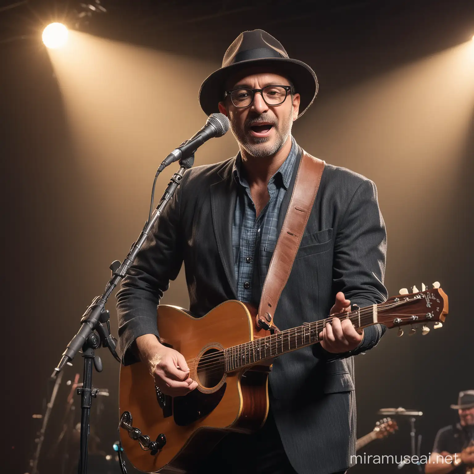 Men 46 years old, glasses, wearing fedora hat, playing guitar and singing with old microphone stand on stage.