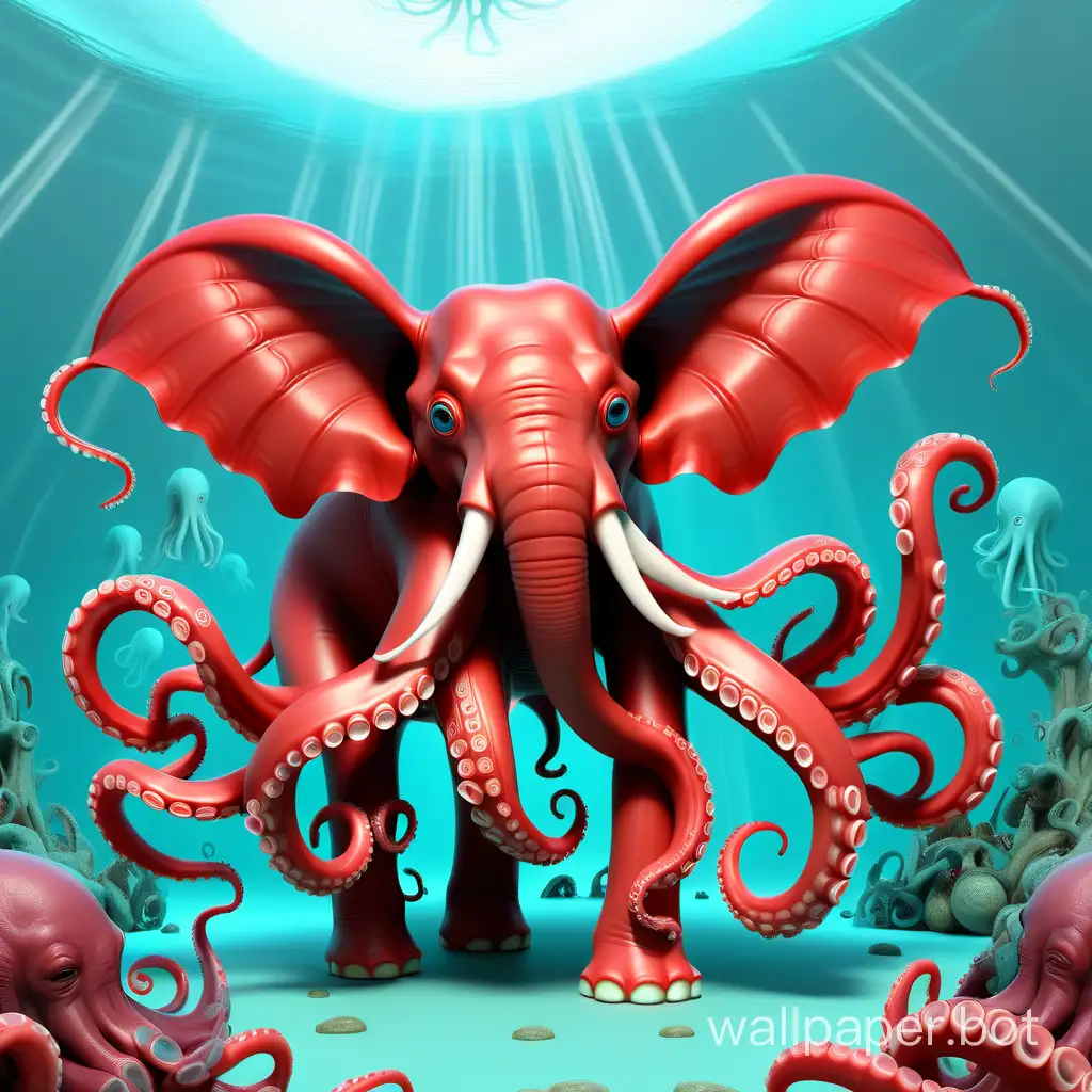 A winged red ten-trunked elephant-octopus hybrid  with ten trunks and lots of of tentacles in a cyan world.