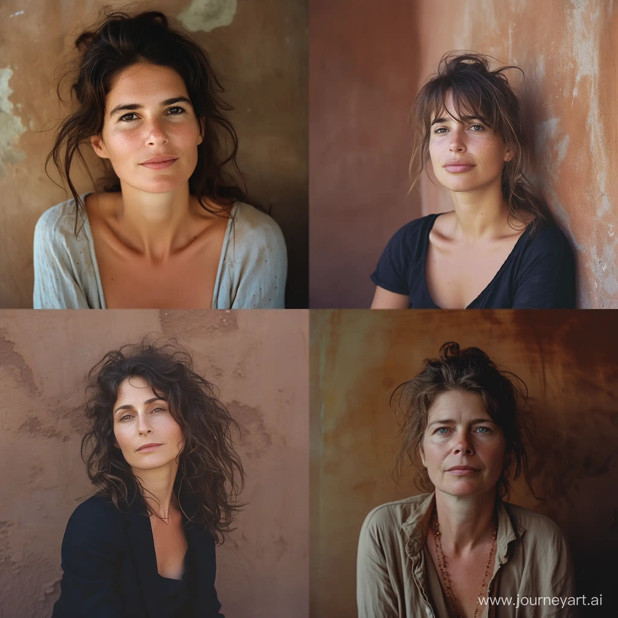 Intimate photographic portrait of stylish 40 years old Italian woman, in front of a brownish wall, messy hair, peaceful and joyful expression, looking at camera, eye contact, summer gentle light, cinematic style, shot with Kodak Portra 160::2 ; in the style of Peter Lindbergh:: 2 --style raw