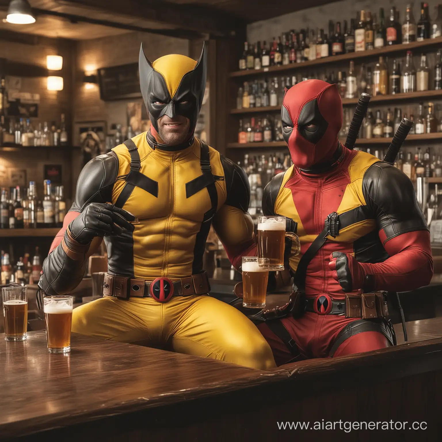 росомаха в желтом костюме и дэдпул пьют пиво в баре
