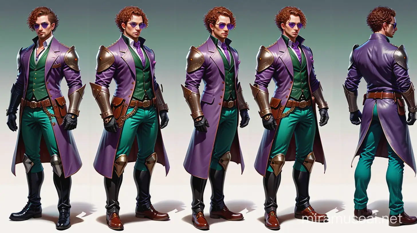 male mafioso, group of characters, Concept art, rough suit with studs, group of characters, strict armor with belts, concept art, character options, many details, amber background, aggressive details, full growth, green eyes, mafia, beads on the neck, knight , red aura, short curly curly hair, tattoos, intricate details, blue pants, wide-soled leather boots, wrist rings, round glasses, lilac, gun.