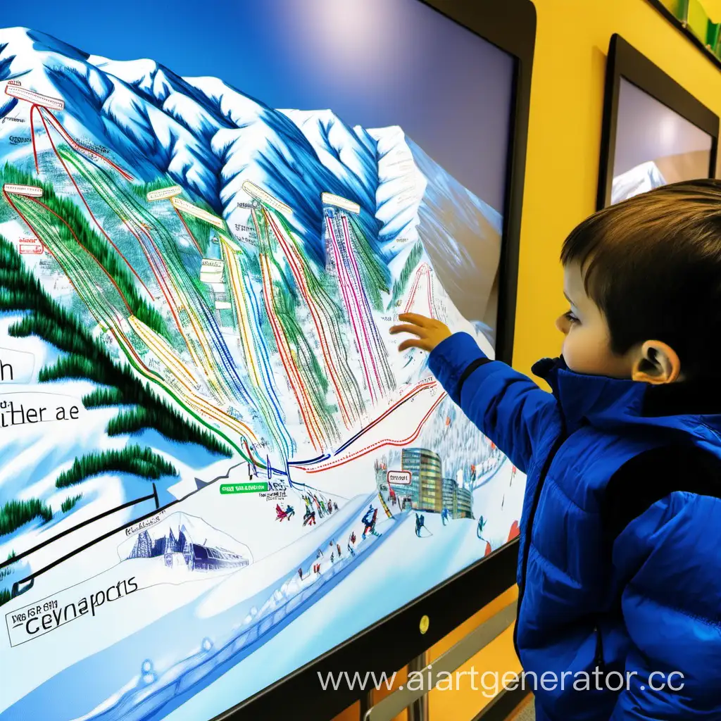 Children are looking at ski resorts on an interactive board.