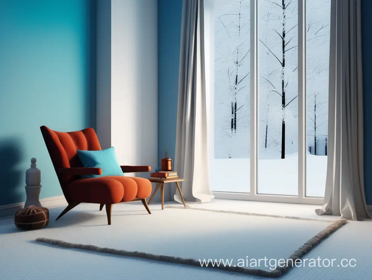 интерьер, за окном зима, минималистично, уютно к комнате, кресло яркое, плед, на полу ковер, голубой фон, картины