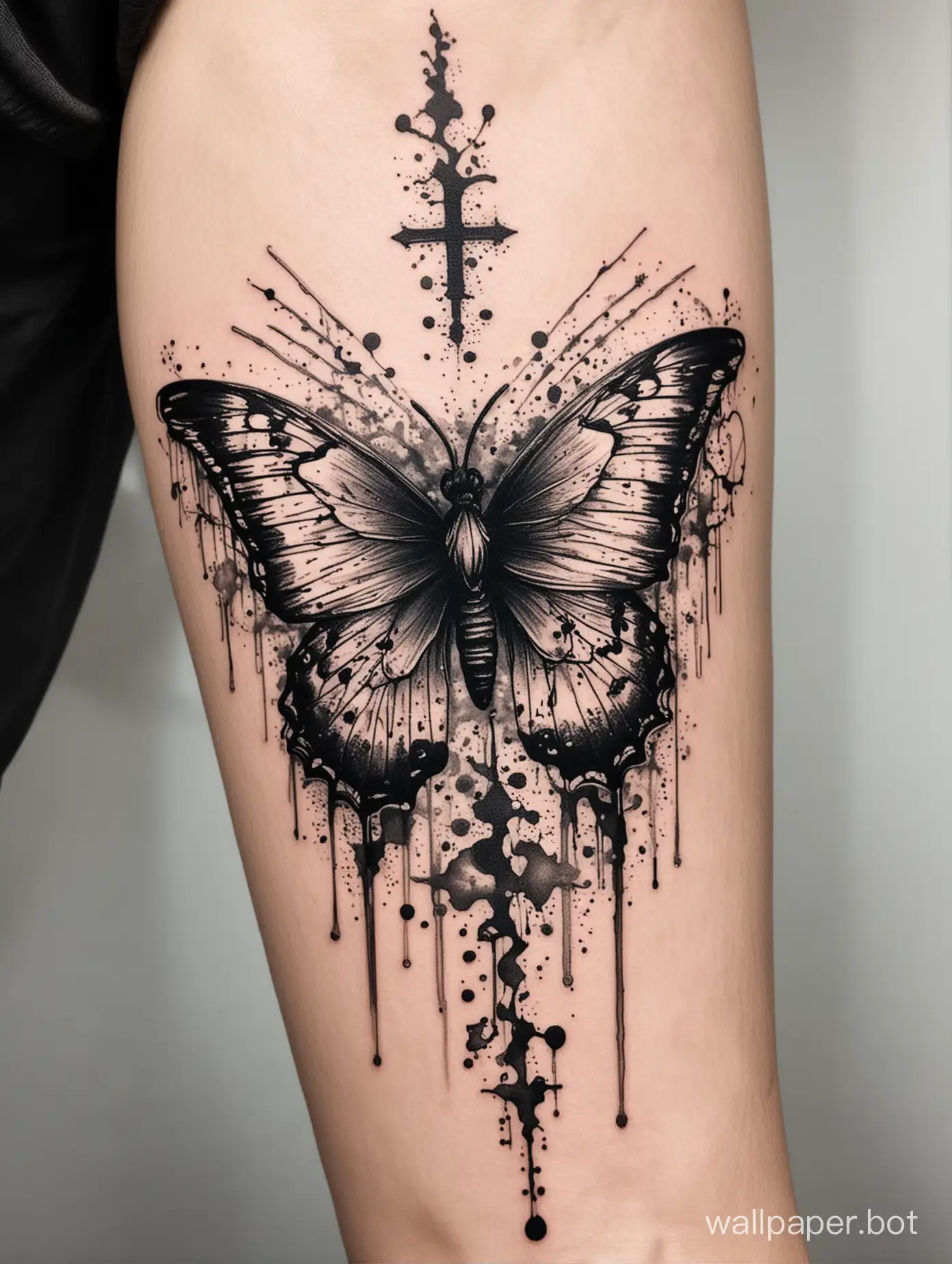 butterfly, cross lineart tattoo, explosive blackwork, organic lines, dense horror lines, white background, fluid dripping ink