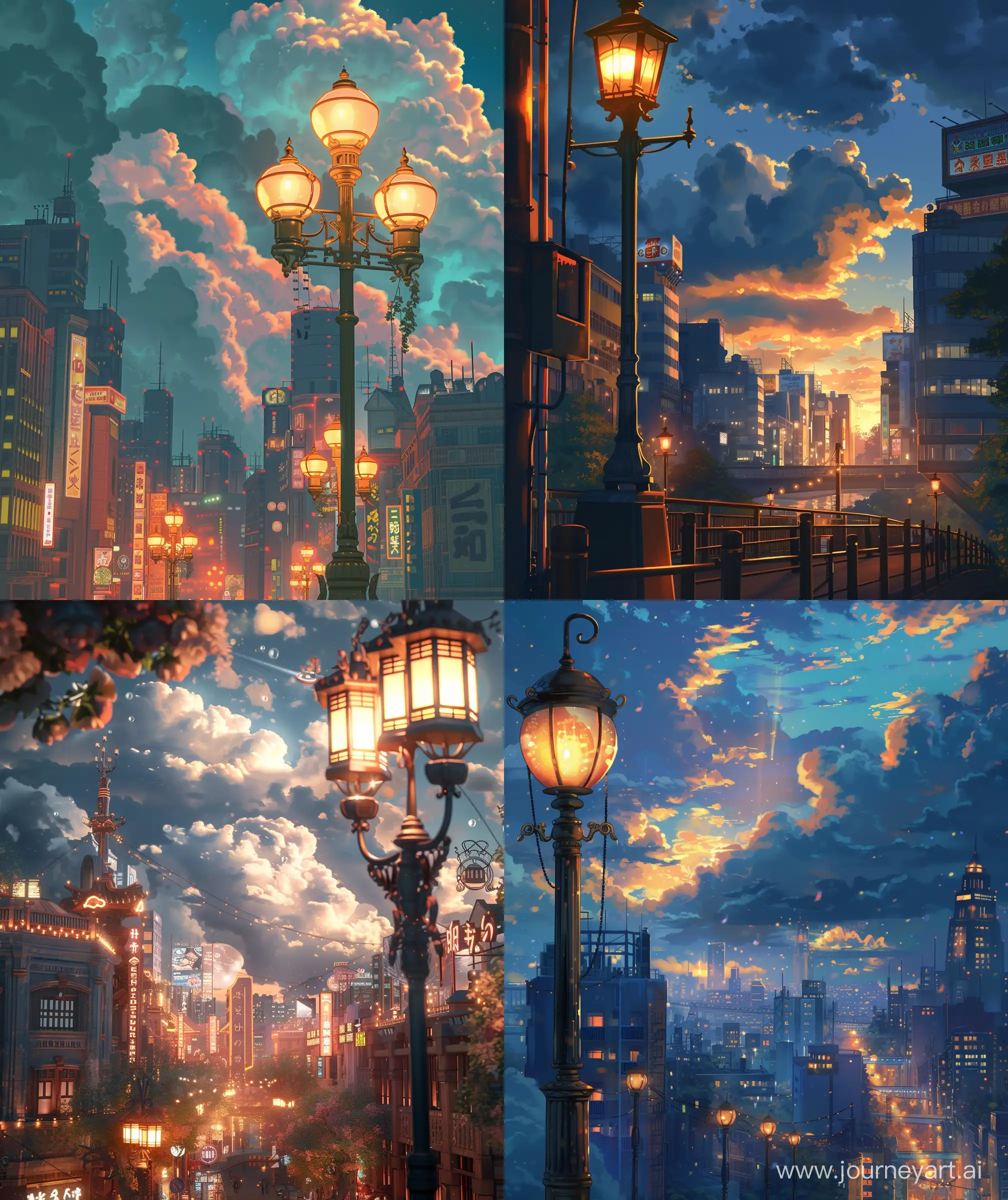 Anime scenary, evening time, clouds, metropolitan city, lap post, beautifully decorated city, vibrant look , contrast look, retro look, cinematic light, anime look, mesmerizing look --ar 27:32 --v 6.0