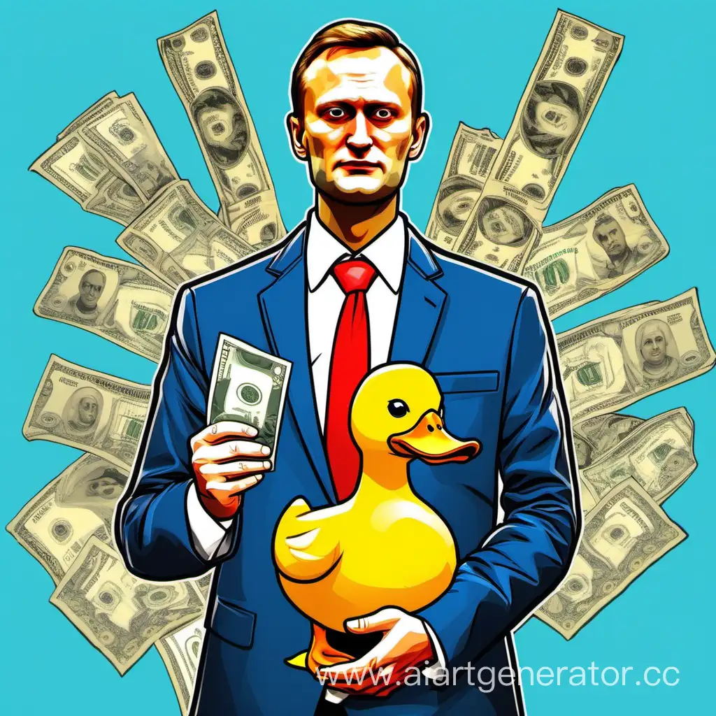 Икона святого Навального где у него нимб над головой, в одной руке жёльая уточка, а в другой пачка долларов. Он одет в белую рубашку, синий пиджак и красный галстук
