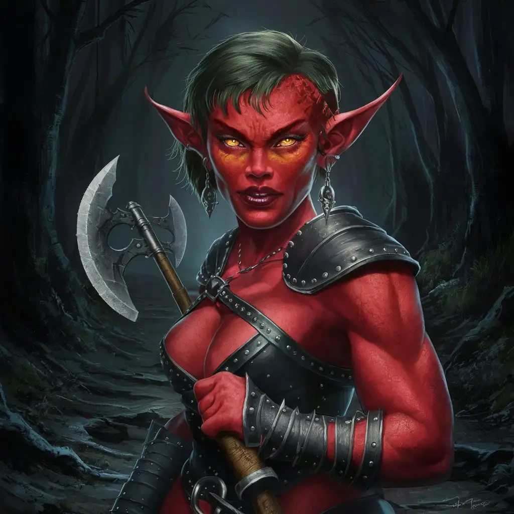 A hobgoblin woman with red skin
