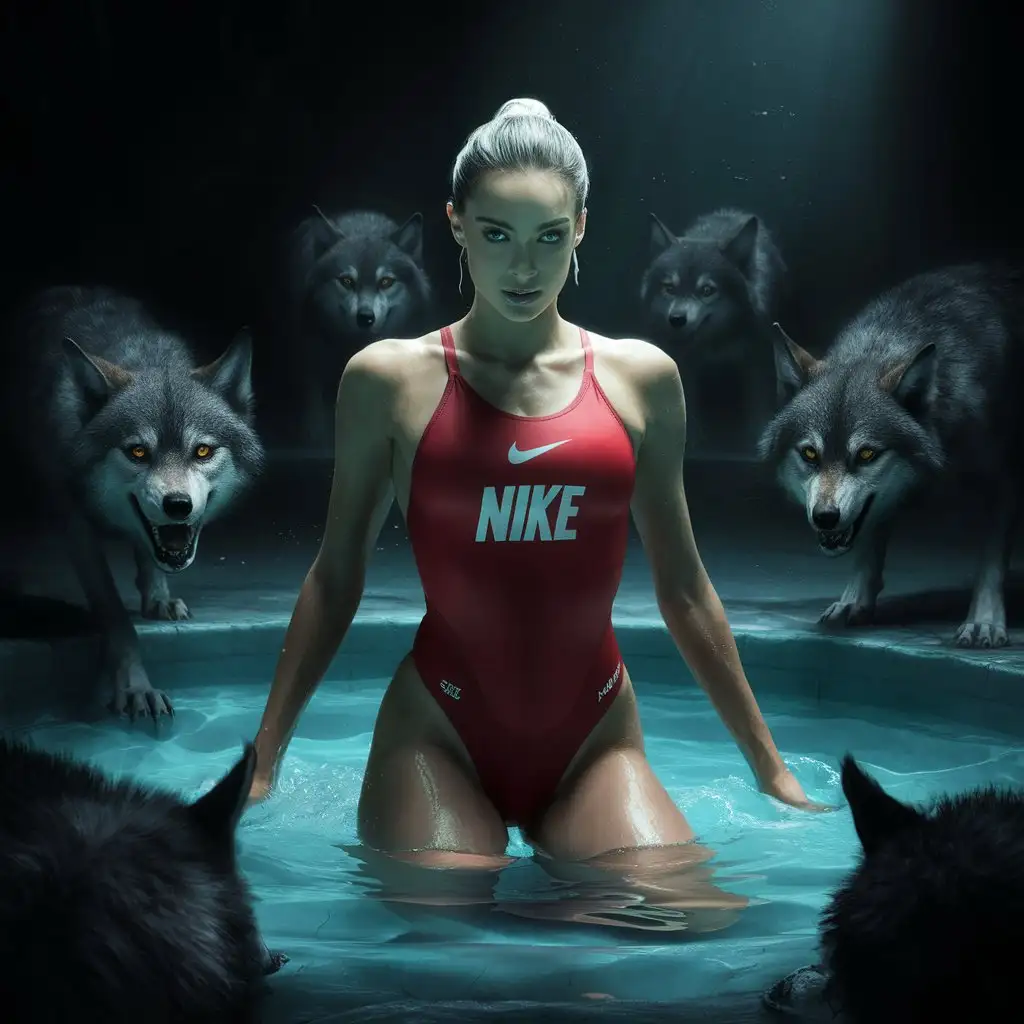 Pretty lady in a luminous red Nike high-leg-cut competition one-piece-swimsuit, dwelling in a deep shalloe darkness with scary wolves around her