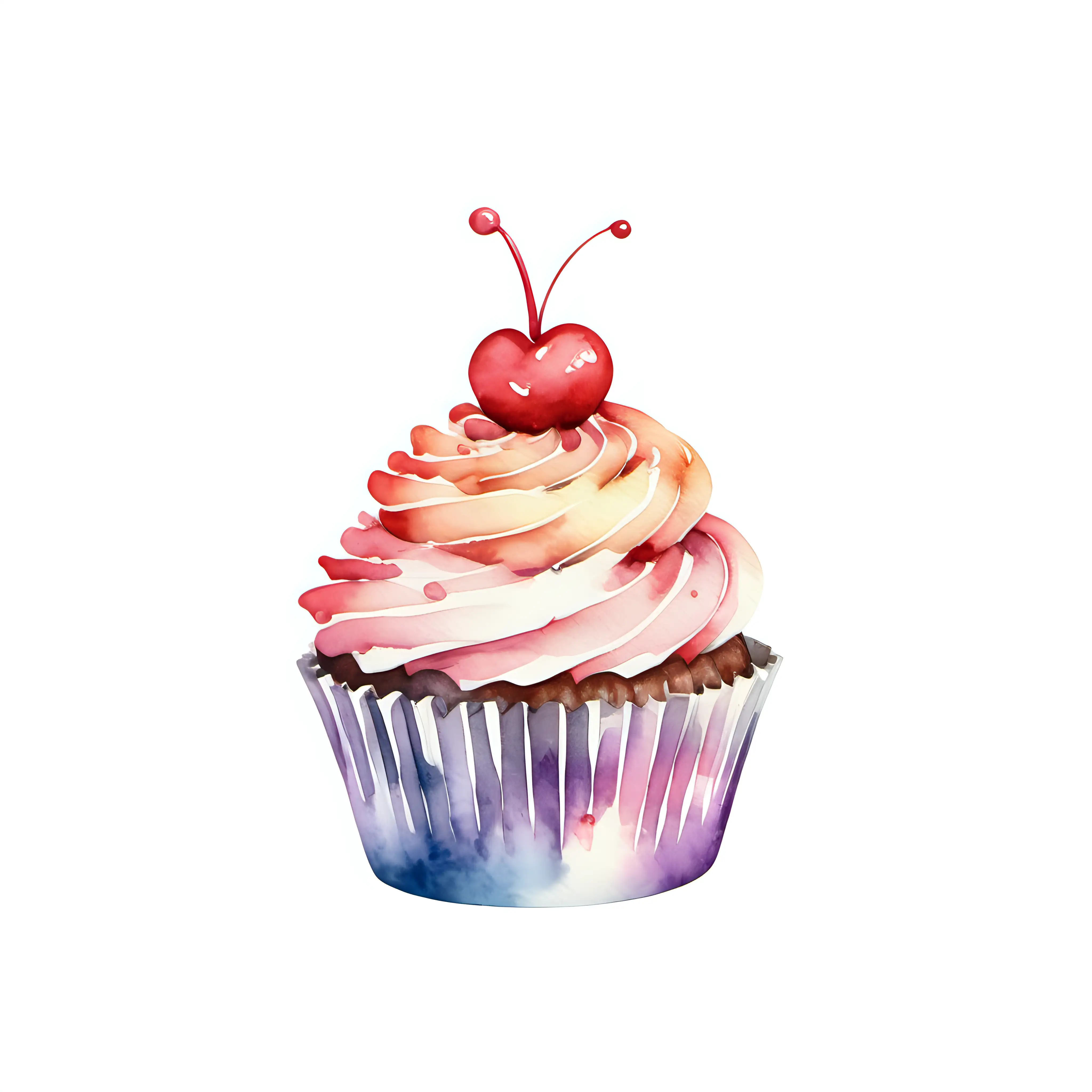 Watercolor styled, single cupcake with no background
