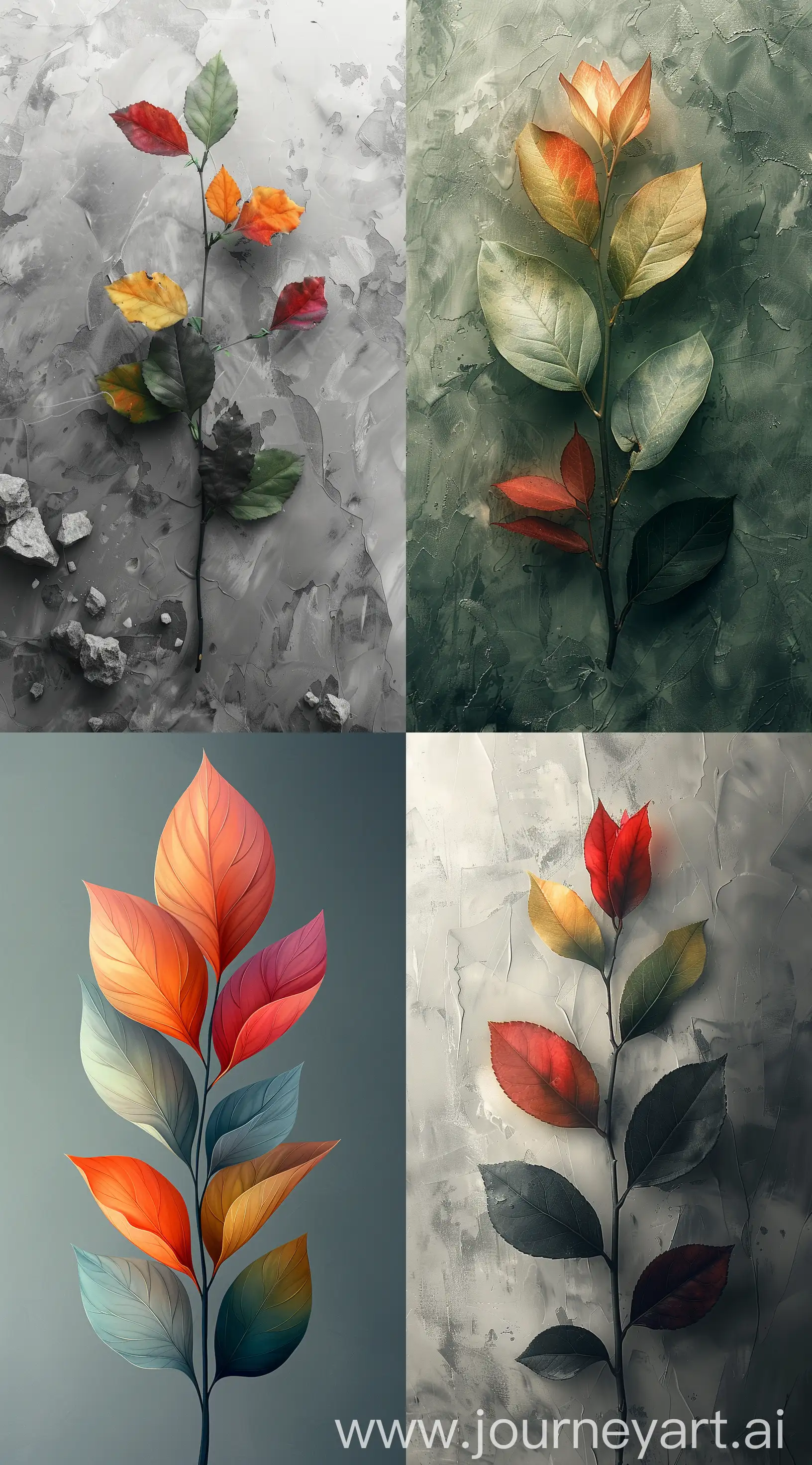Design a logo with just four different leaves of ornamental plants in different colors and attach these leaves to a stem and place them on a grayscale background, painting, in the style of romantic manga, ethereal transparency, dark white and light gray, i can't believe how beautiful this is, romantic illustrations, dark white and light green, feminine sensibilities --ar 71:128 --stylize 750 --v 6