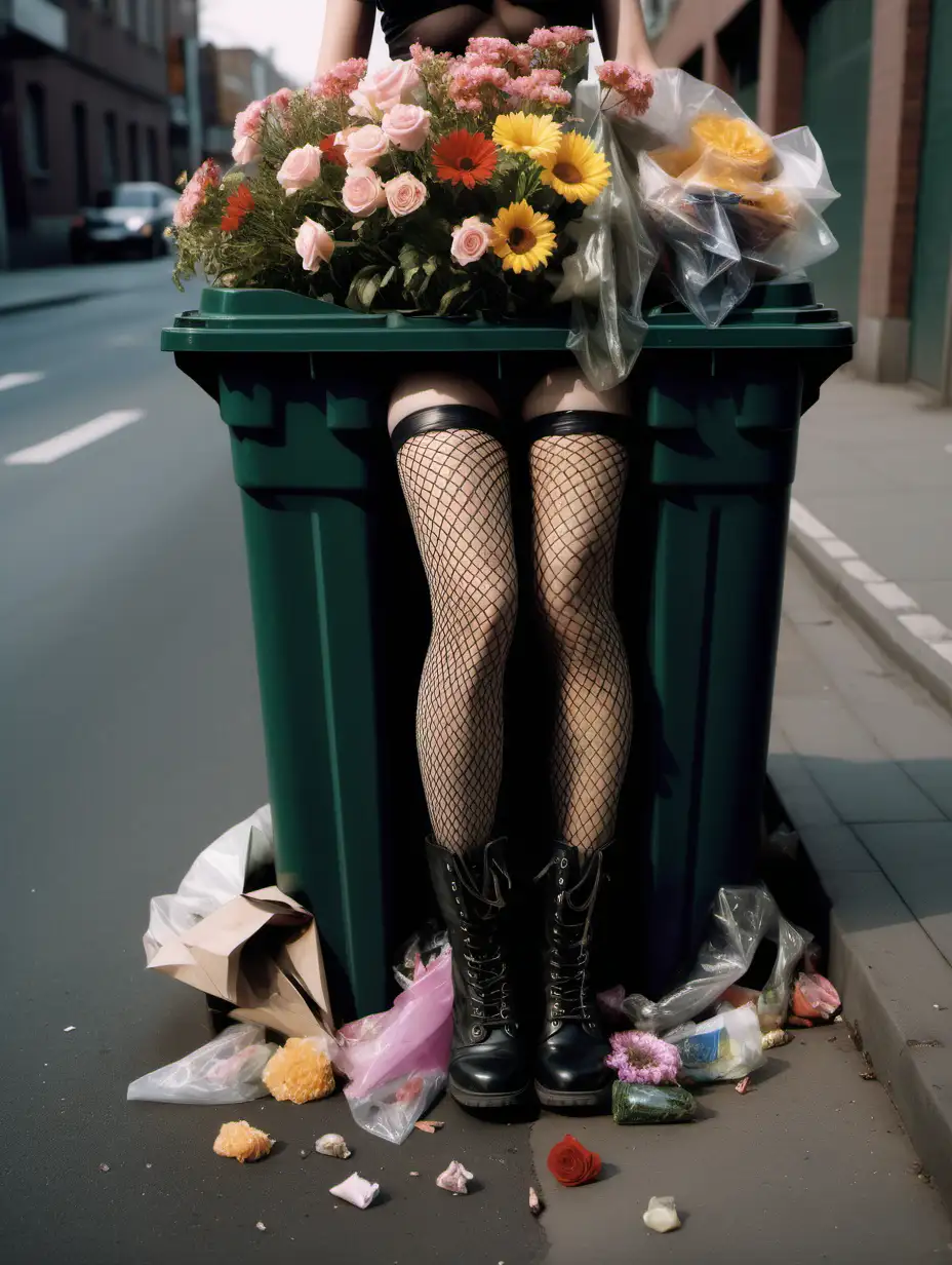 Un contenedor de basura, lleno de flores, asoman unas piernas de mujer con medias de rejilla y botas, realista, calidad fotográfica, 