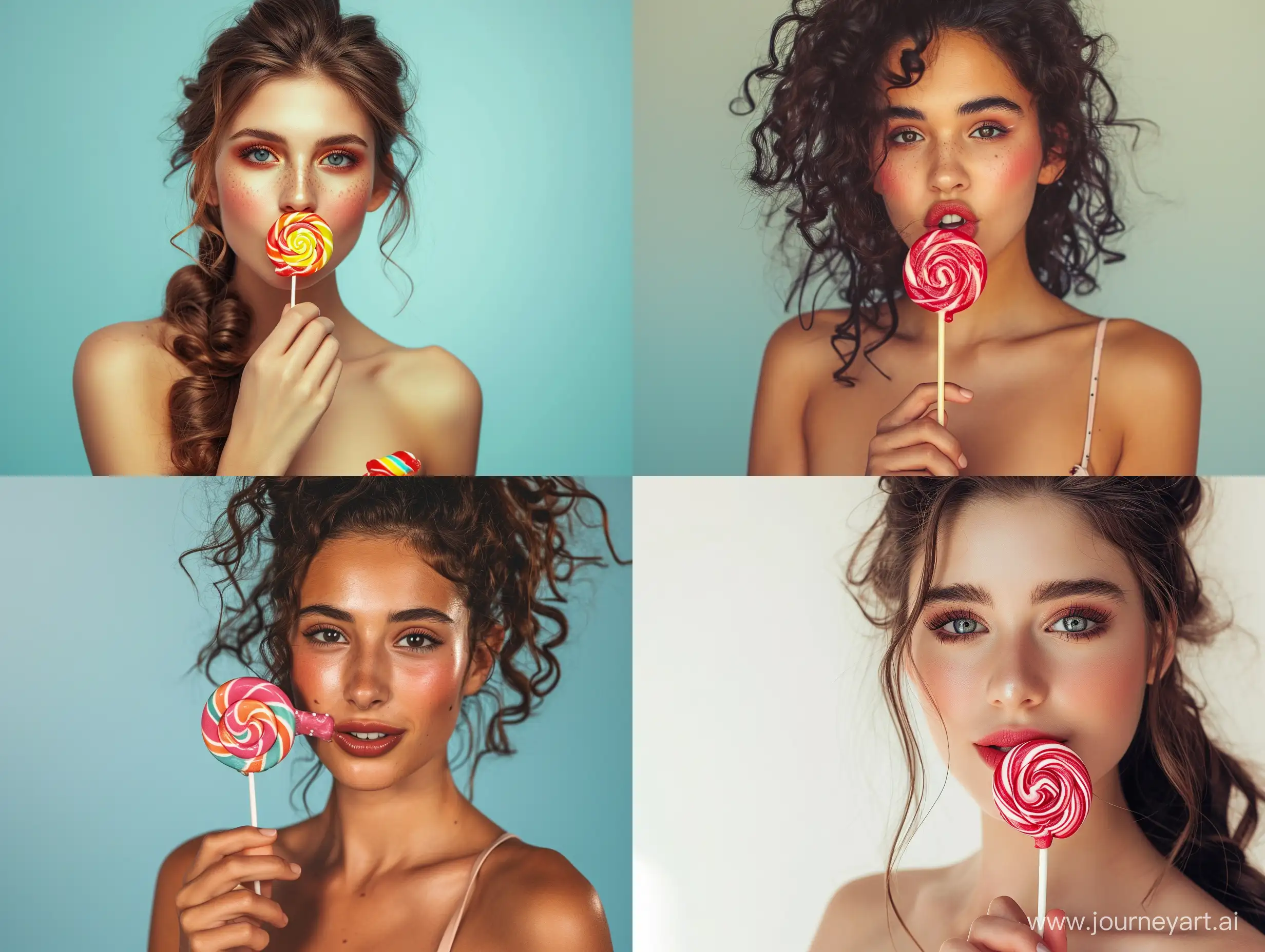a beautiful young woman holding a lollipop in her mouth