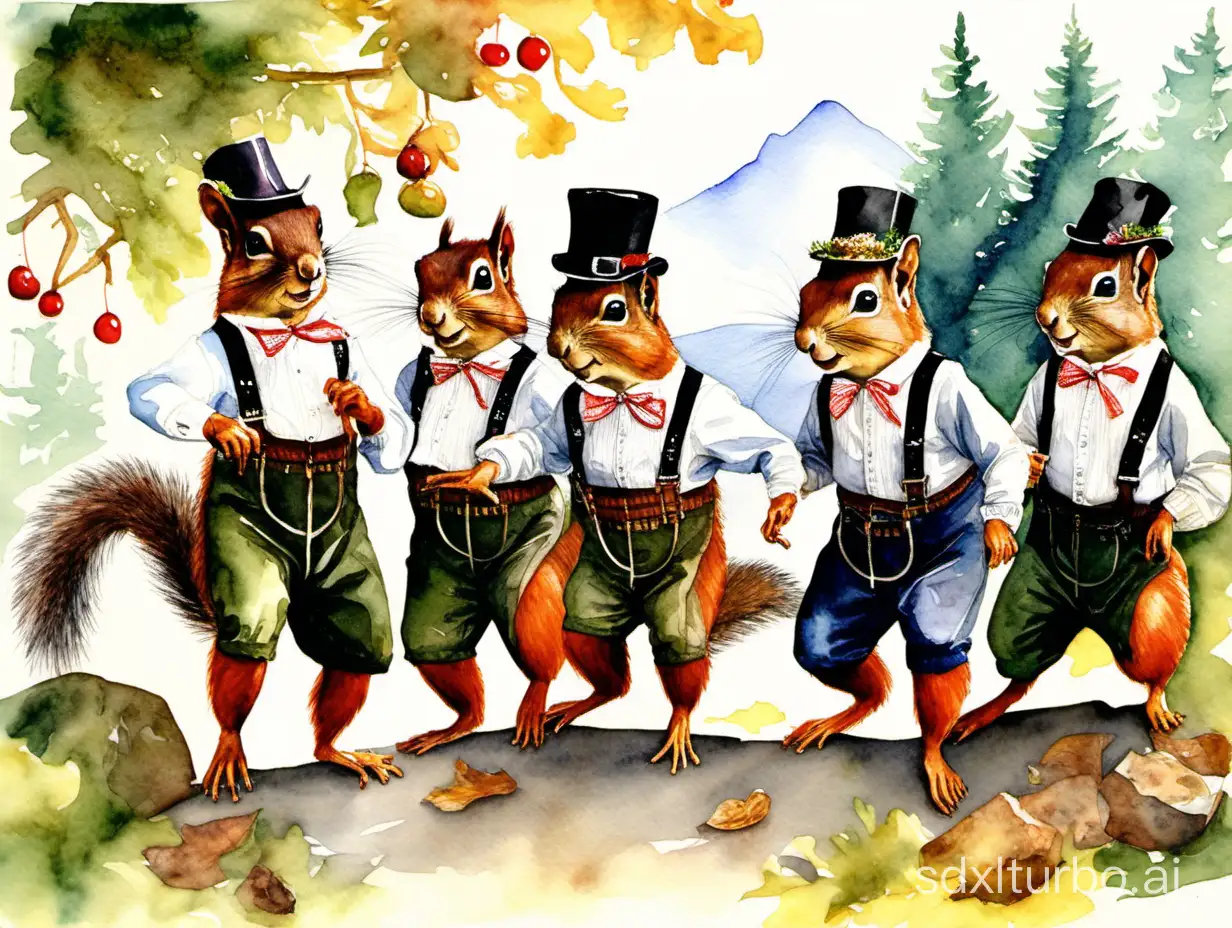 tyrolean squirrels with  traditional lederhosen dancing Schuhplattler, watercolor