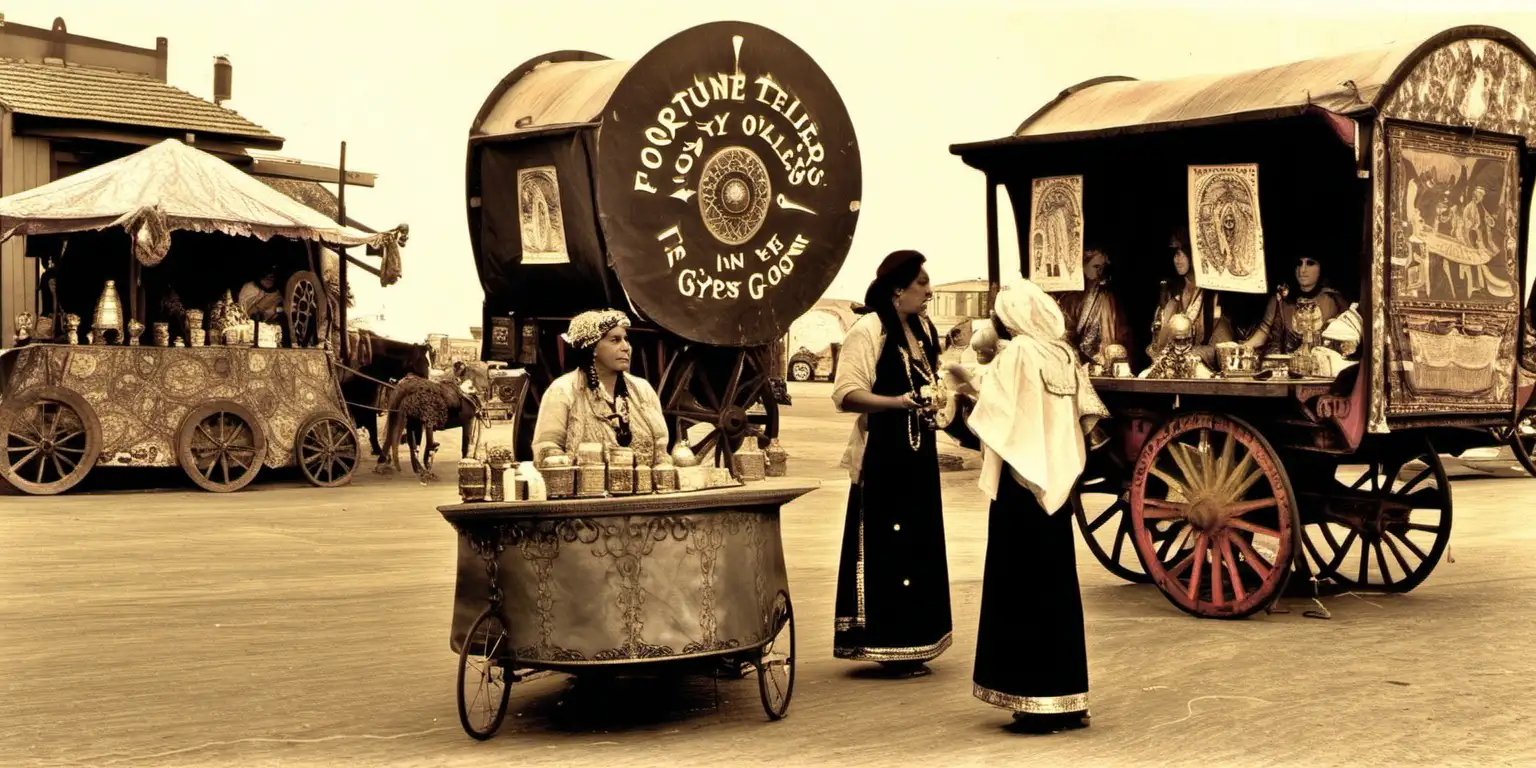 fortune tellers 
&  their gypsy  wagon is in the background, 