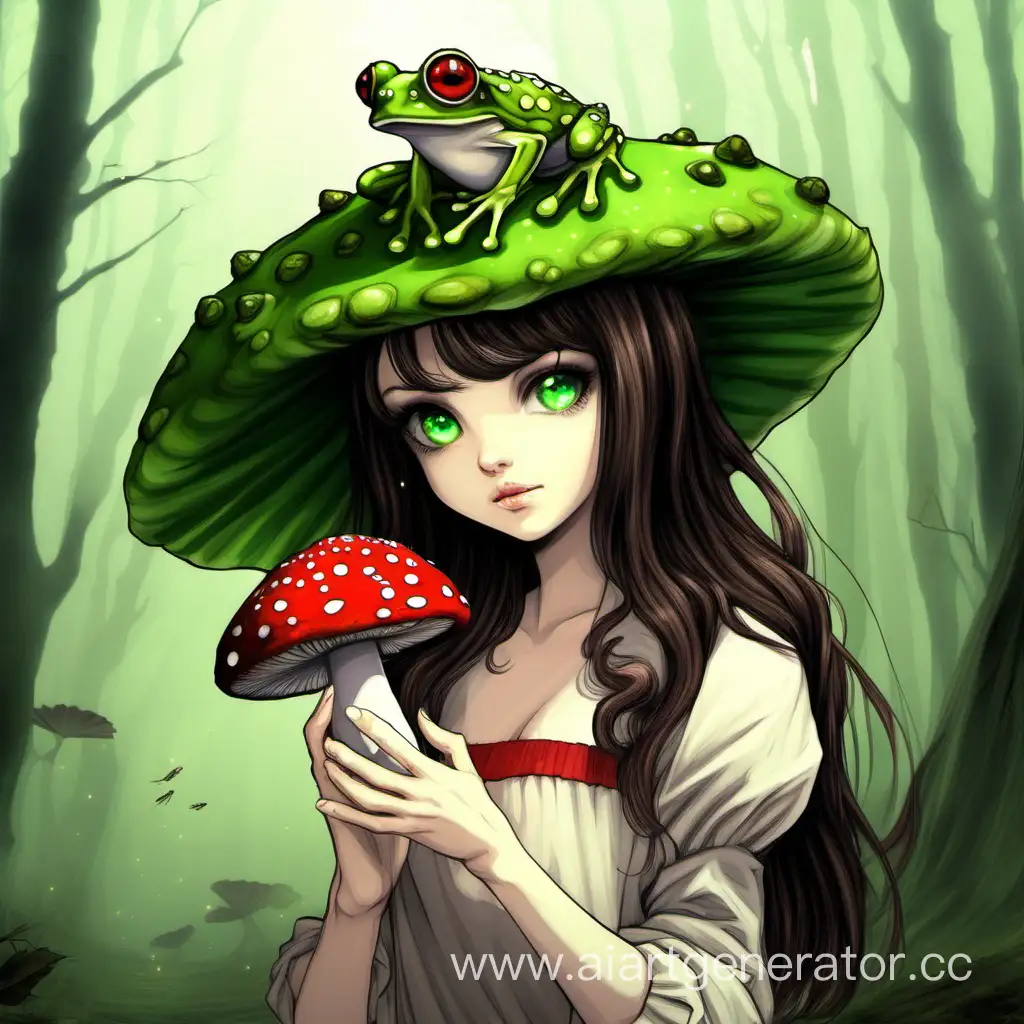 Миконоид-девушка, зеленые глаза, шатенка, шляпка мухомора, в руках лягушка