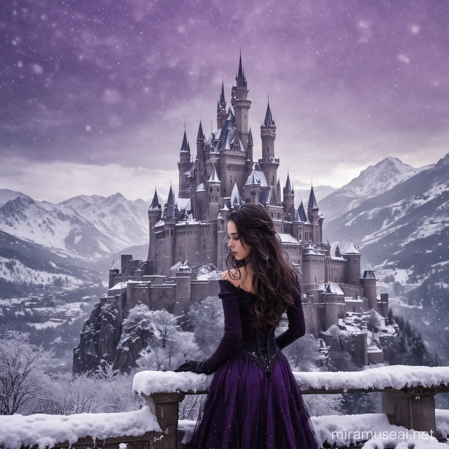 Enigmatic Beauty in Winter Gothic Castle Amidst Purple Haze