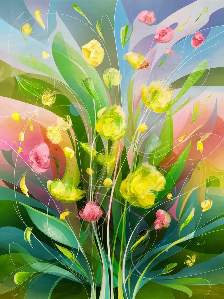 use only spring colors . create an abstract art evoke a lively happy vibe. 