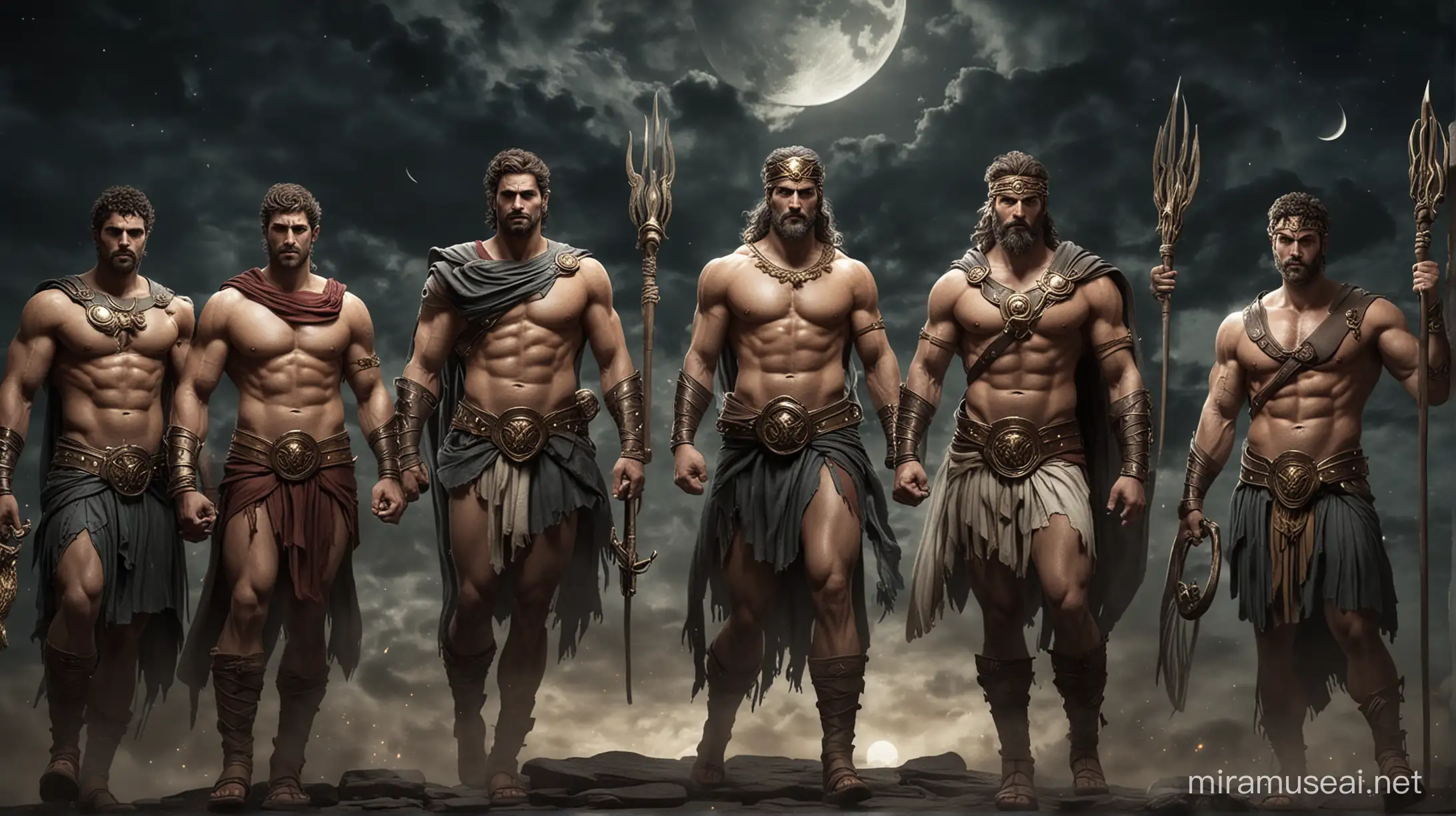 Generate picture of  greek gods , in a fighting scene,  with moon lit sky and dark themed background. The 12 greek gods  and godess are Zeus[male] , Hera[female] , Poseidon[male] , Demeter[female], Athena[female] , Artemis[female], Apollo[male], Hephastus[male], Aphrodite[female],Ares[male],Hermes[male] and Dionysus[male]. keep different body picture of all characters. must give 12 characters with weapons in the hands of male gods.