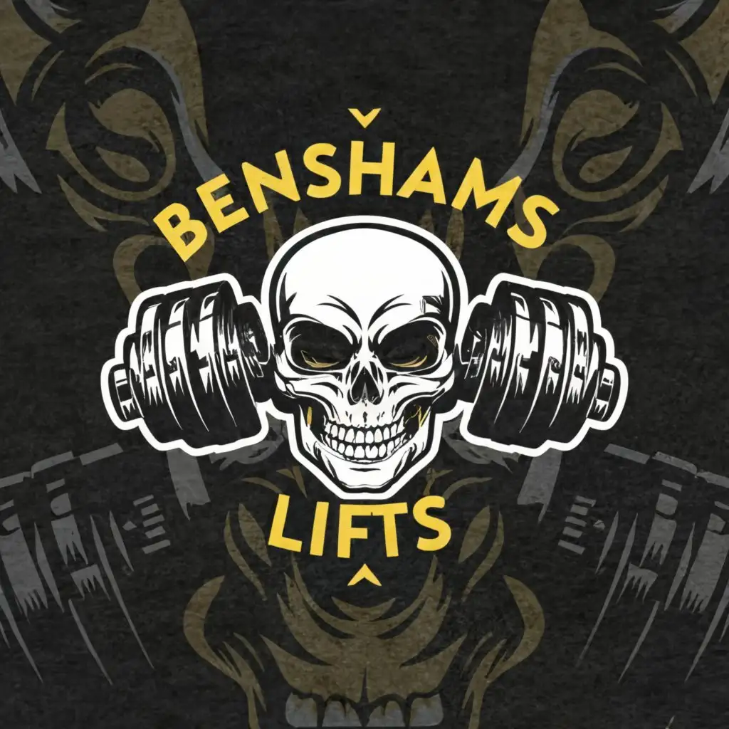 a logo design,with the text "Benshams Lifts", main symbol:Skull muscle weights complex realistic,complex,be used in Sports Fitness industry,clear background