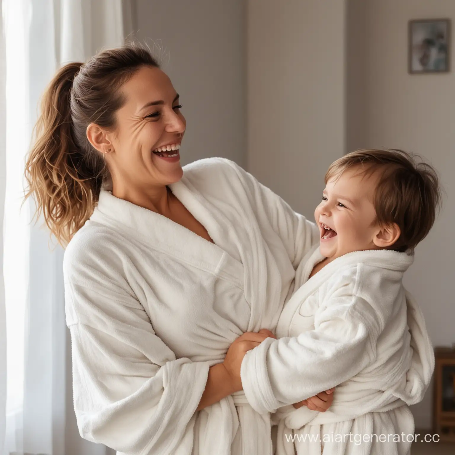 Joyful-Mother-Holding-Laughing-Toddler-Boy-in-Robe