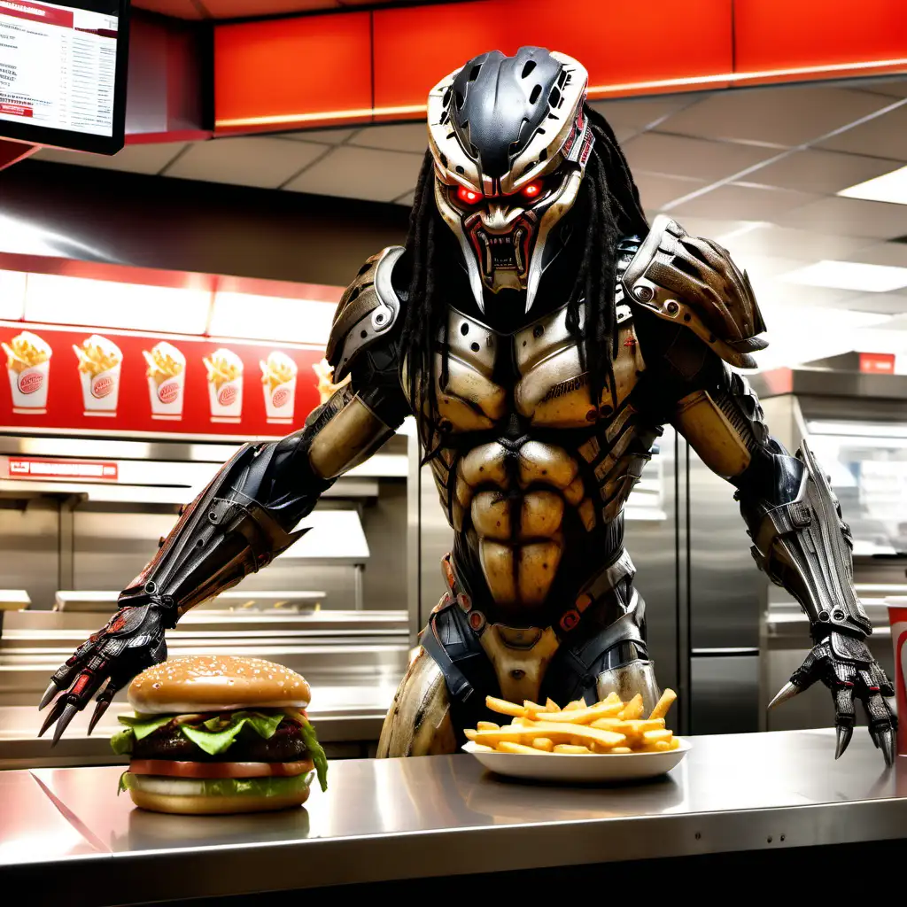 Burger King Employee in Predator Costume Serving Delicious Fast Food