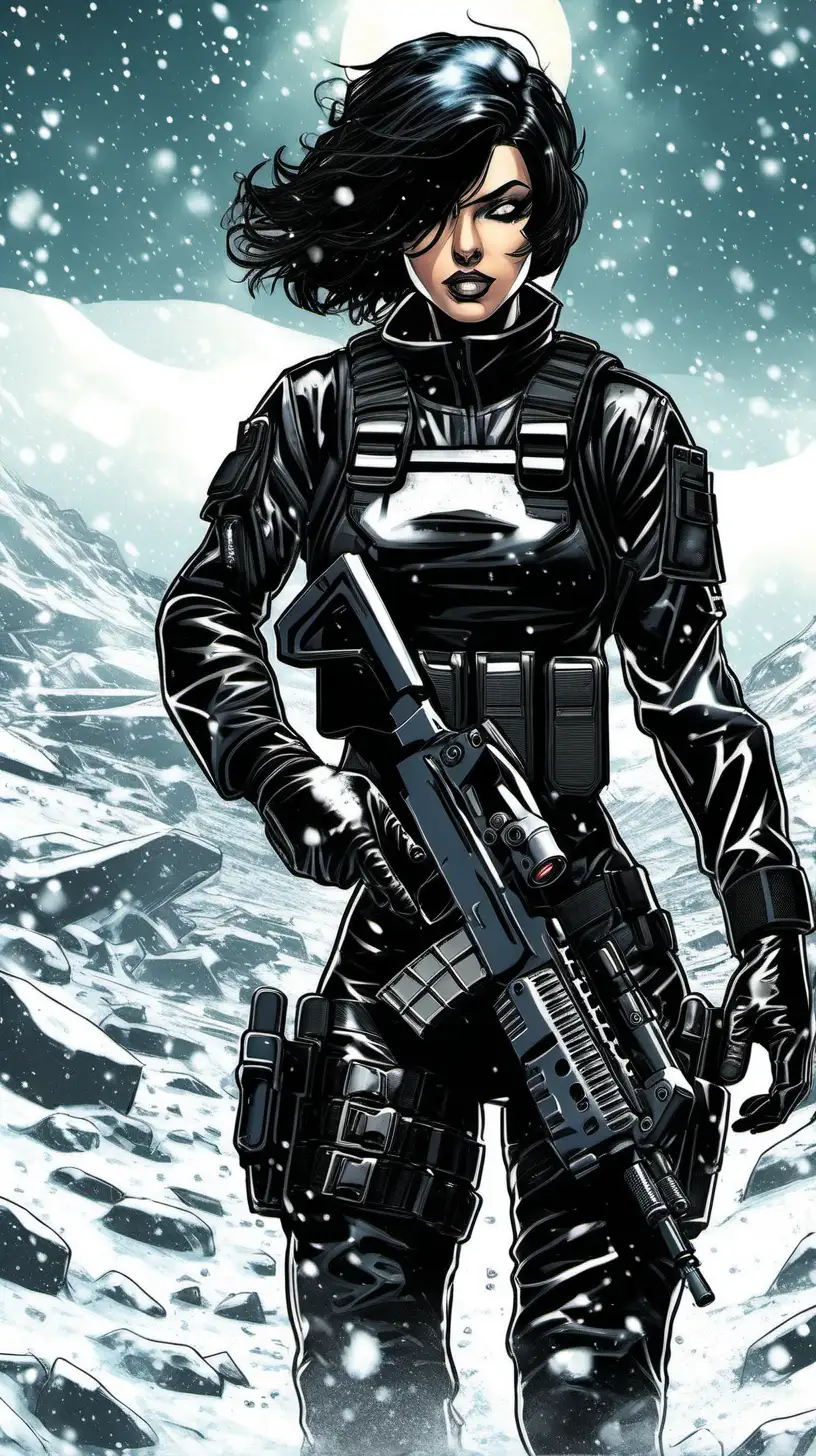new age comic book cover, Woman in tight black shiny Mexico tactical combat Suit, back view, holding gun, white combat belt, Snowy battlefield background, Dark black short hair, black shades