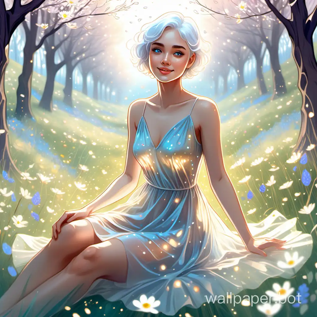 The illustration is light, transparent, contour graphic. The Spring girl sits in a meadow among lights. Transparent flowing dress, sprinkled with flowers. Reflecting blue eyes, short white hair, perfect caramel skin, light makeup, gentle smile, dimples on the cheeks. Sharpness, clarity. High quality.