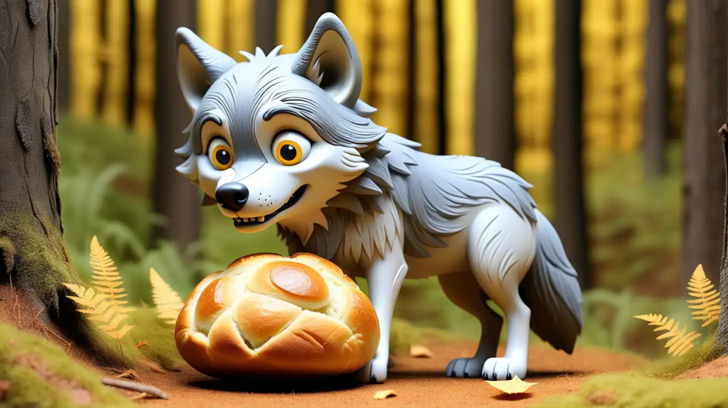 Golden Bread Roll Tempts Hungry Gray Wolf in Enchanting Forest